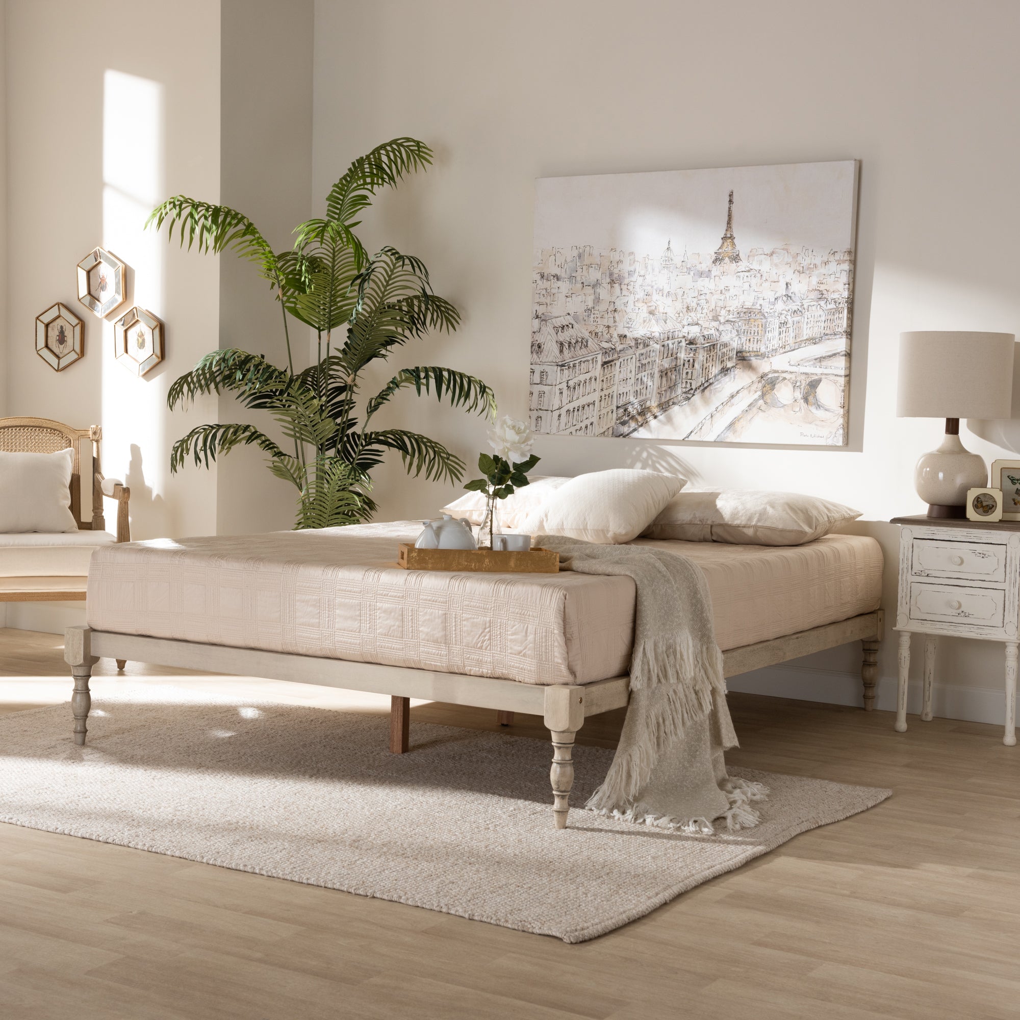 Baxton Studio Iseline Modern and Contemporary Antique White Finished Wood Queen Size Platform Bed Frame