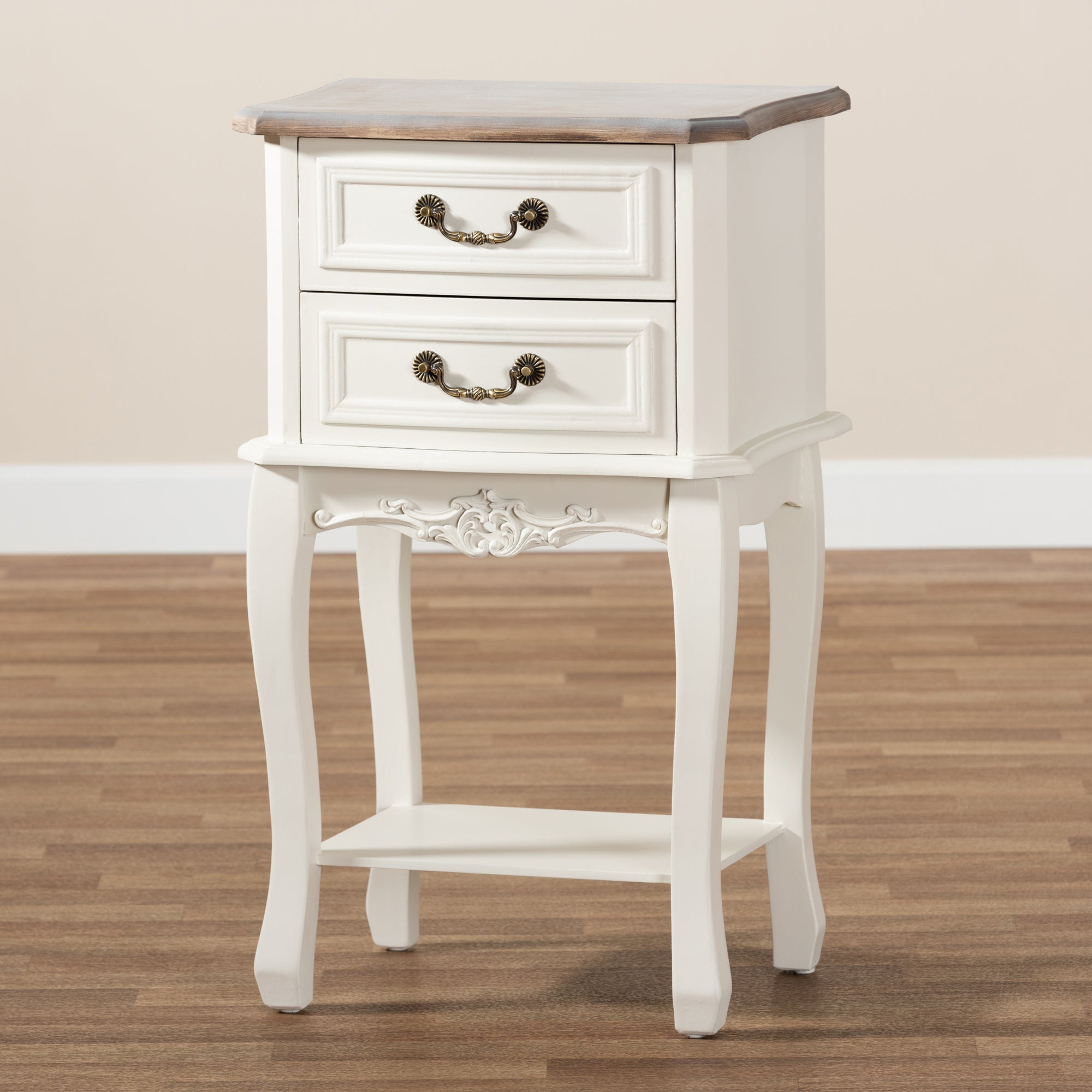 Baxton Studio Amalie Antique French Country Cottage Two-Tone White and Oak Finished 2-Drawer Wood End Table