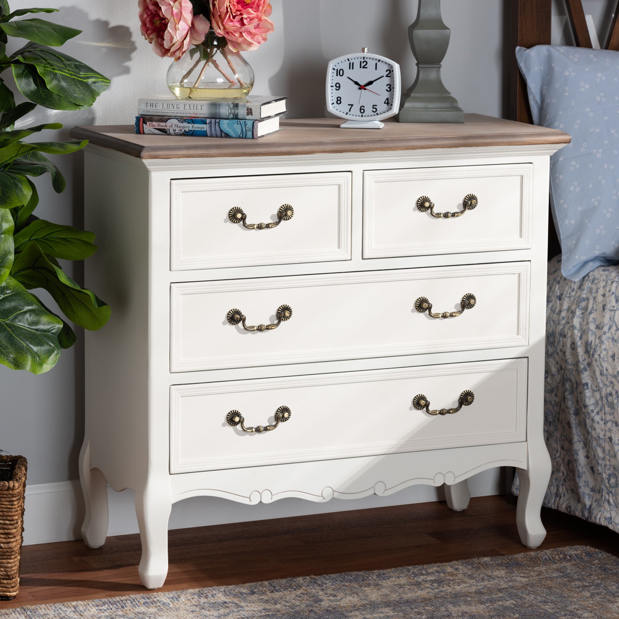 Baxton Studio Amalie Antique French Country Cottage Two-Tone White and Oak Finished 4-Drawer Accent Storage Cabinet