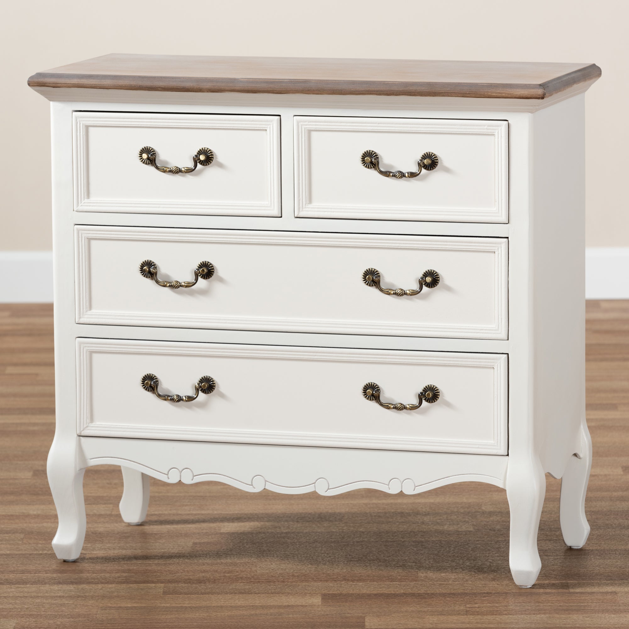 Baxton Studio Amalie Antique French Country Cottage Two-Tone White and Oak Finished 4-Drawer Accent Storage Cabinet