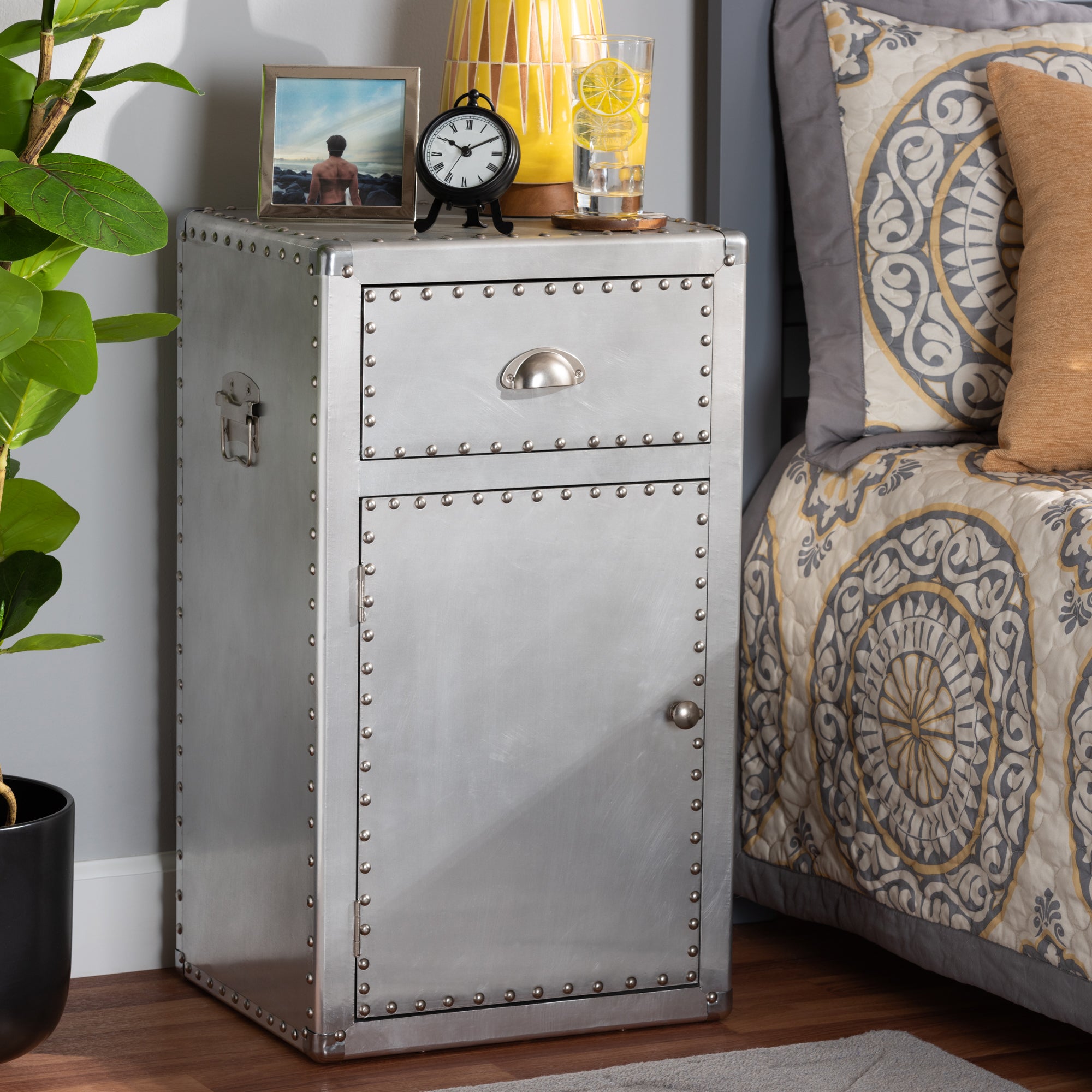 Baxton Studio Serge French Industrial Silver Metal 1-Door Accent Storage Cabinet