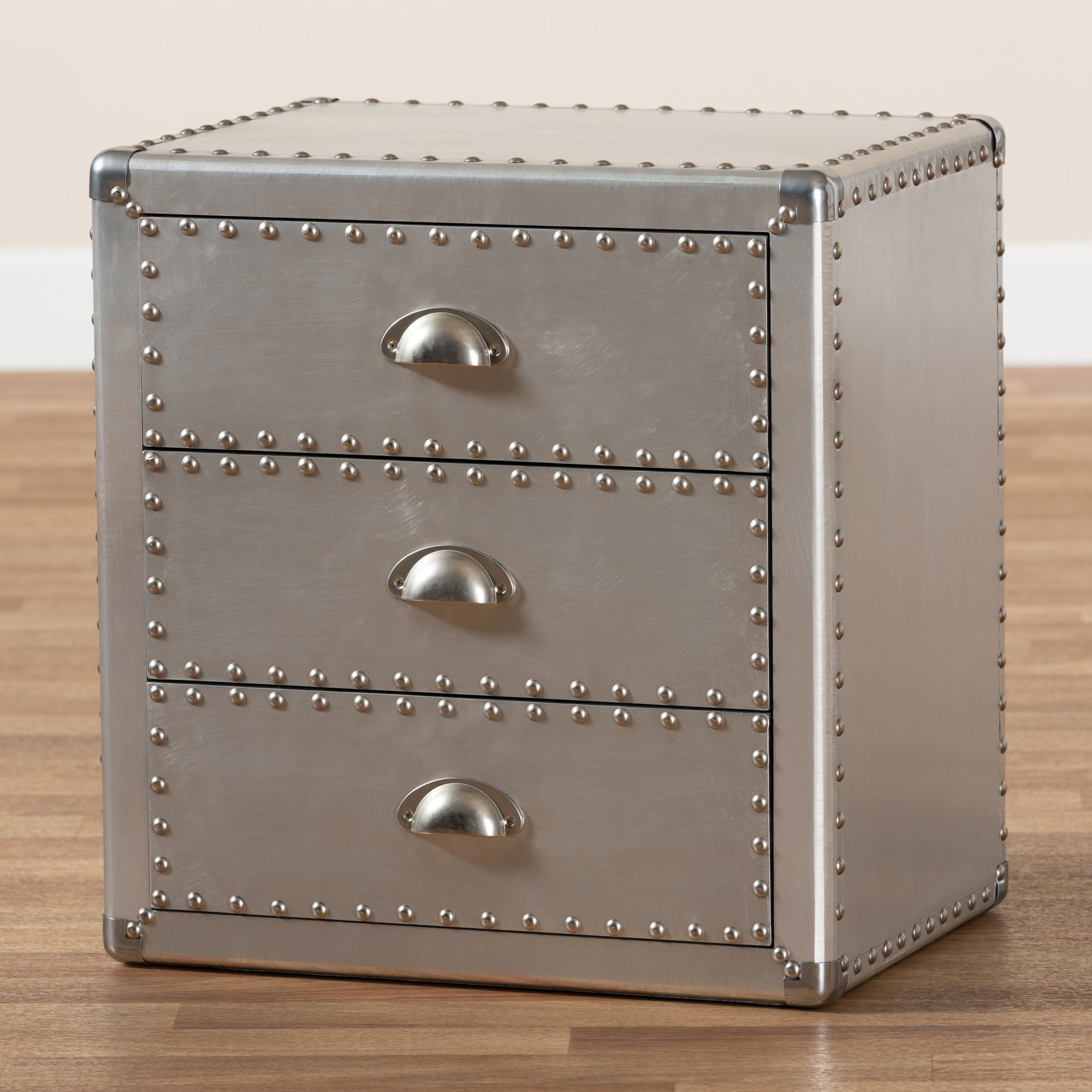 Baxton Studio Armel French Industrial Silver Metal 3-Drawer End Table