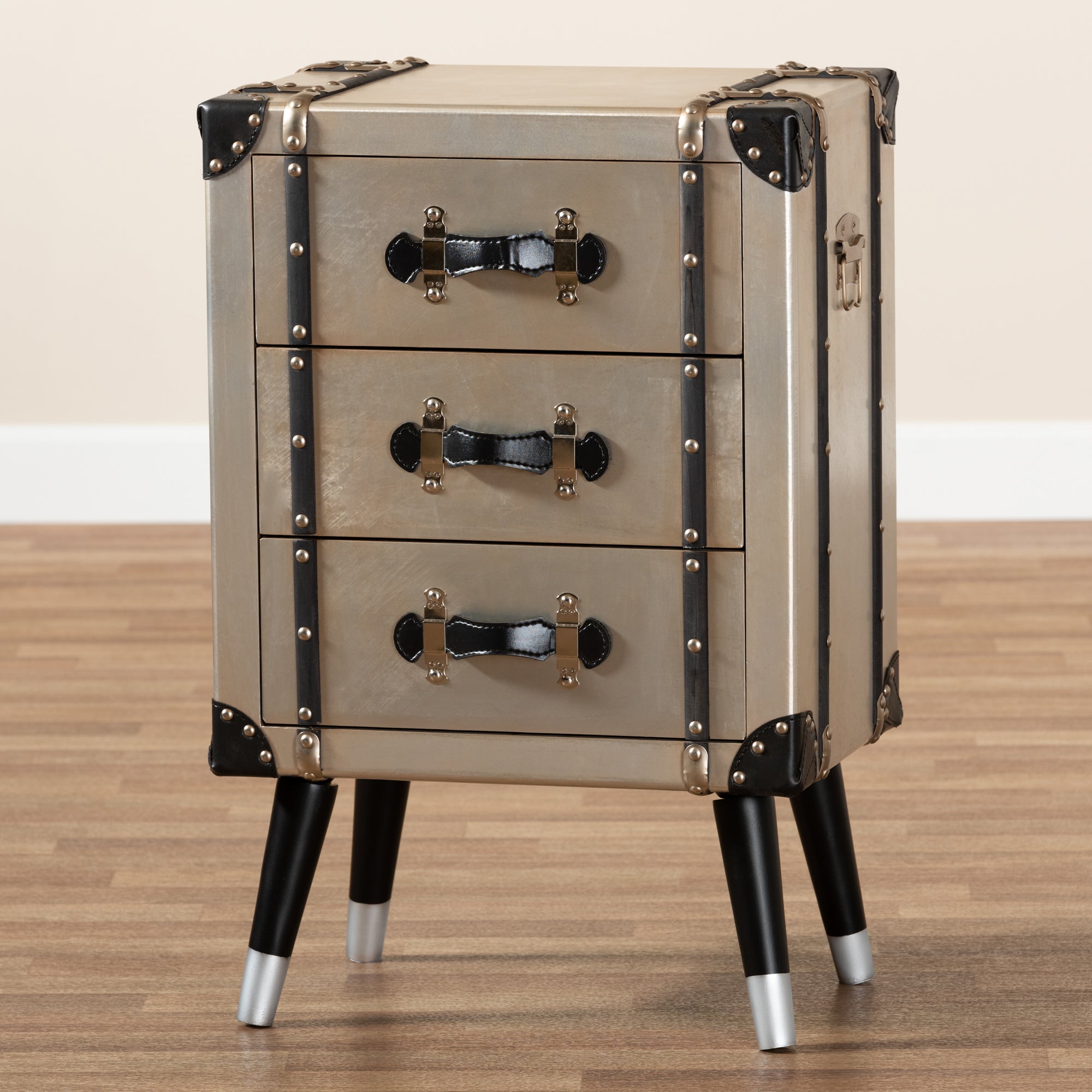 Baxton Studio Dilan Vintage Industrial Antique Silver Finished Metal Trunk Inspired 3-Drawer End Table