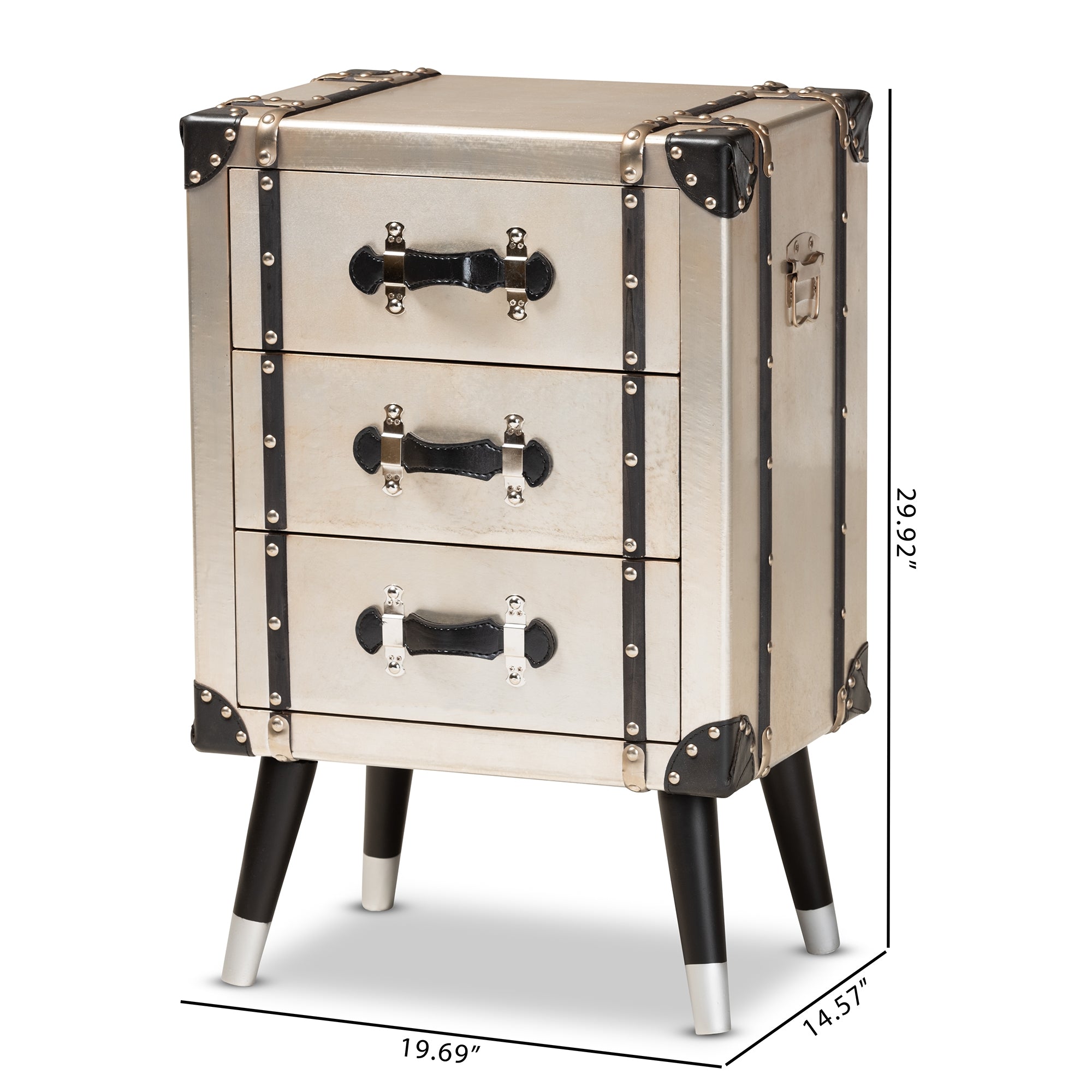 Baxton Studio Dilan Vintage Industrial Antique Silver Finished Metal Trunk Inspired 3-Drawer End Table