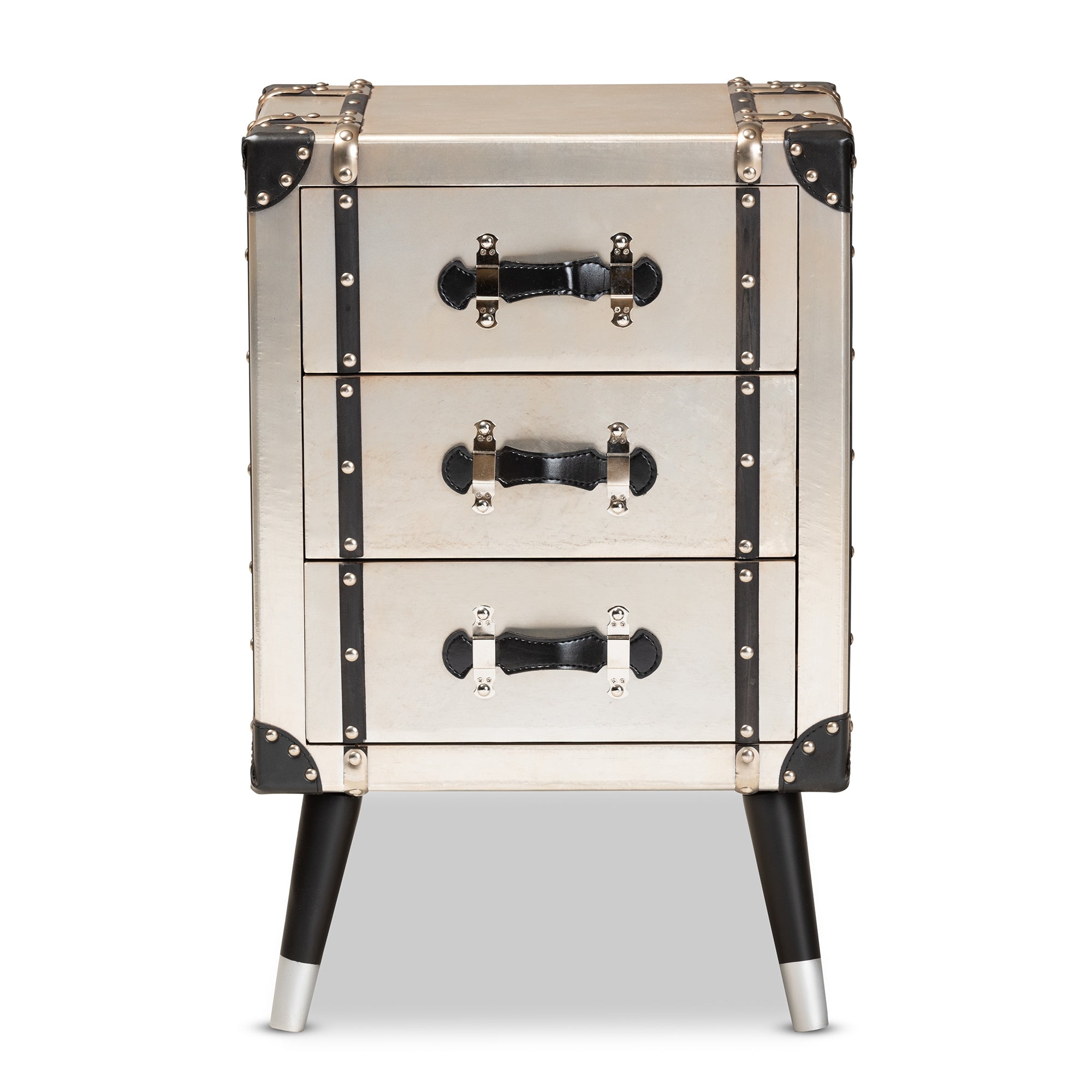 Baxton Studio Dilan Vintage Industrial Antique Silver Finished Metal Trunk Inspired 3-Drawer End Table