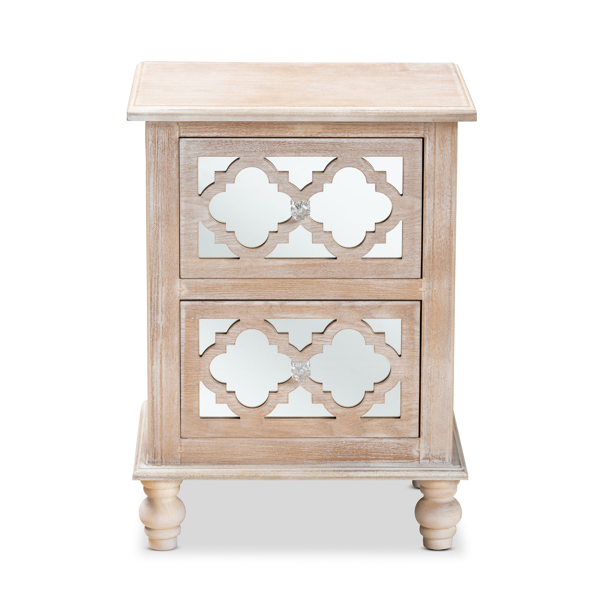 Baxton Studio Celia Transitional Rustic French Country White-Washed Wood and Mirror 2-Drawer Quatrefoil End Table