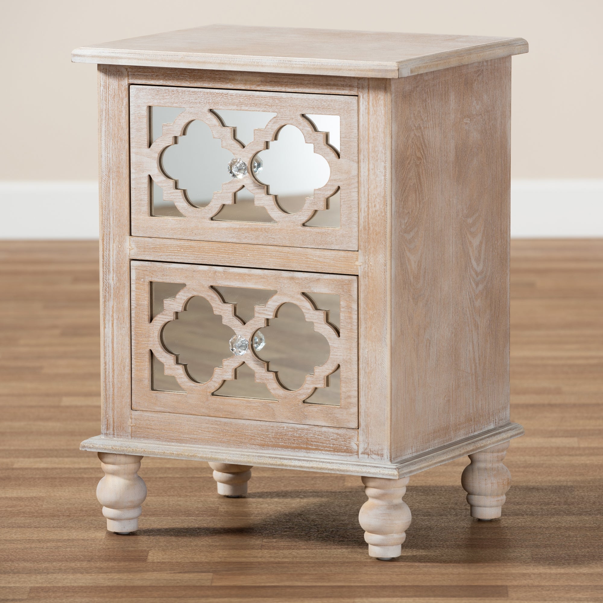 Baxton Studio Celia Transitional Rustic French Country White-Washed Wood and Mirror 2-Drawer Quatrefoil End Table