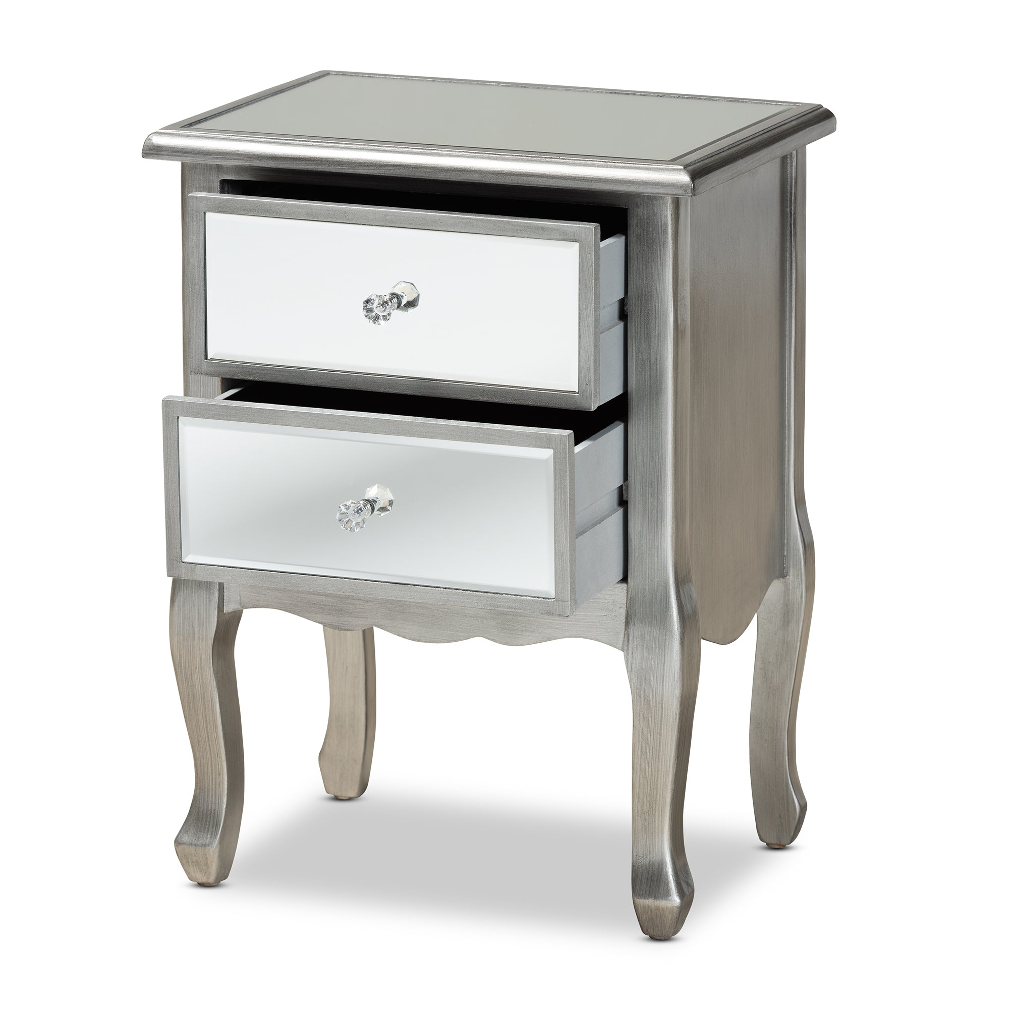 Baxton Studio Leonie Modern Transitional French Brushed Silver Finished Wood and Mirrored Glass 2-Drawer End Table
