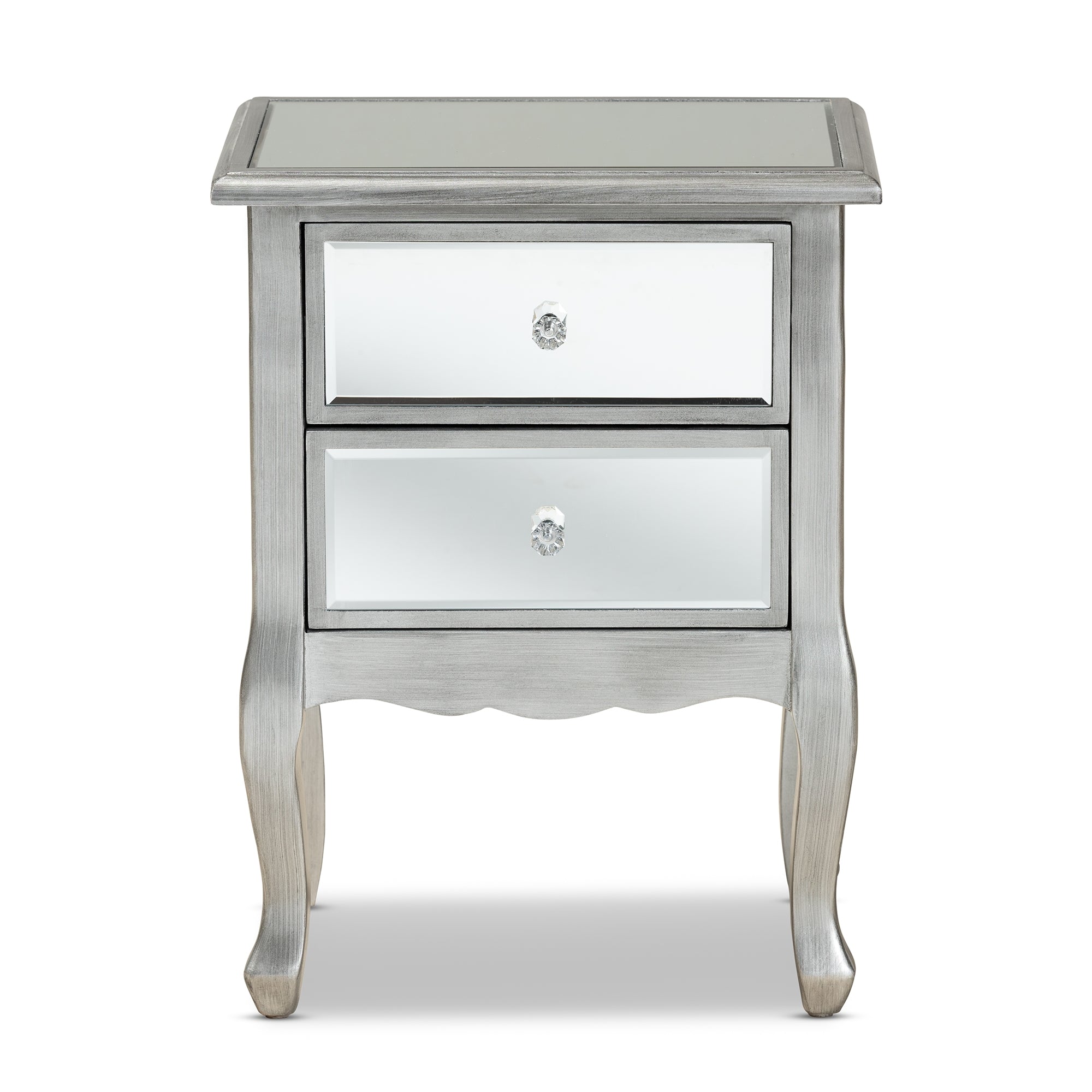 Baxton Studio Leonie Modern Transitional French Brushed Silver Finished Wood and Mirrored Glass 2-Drawer End Table