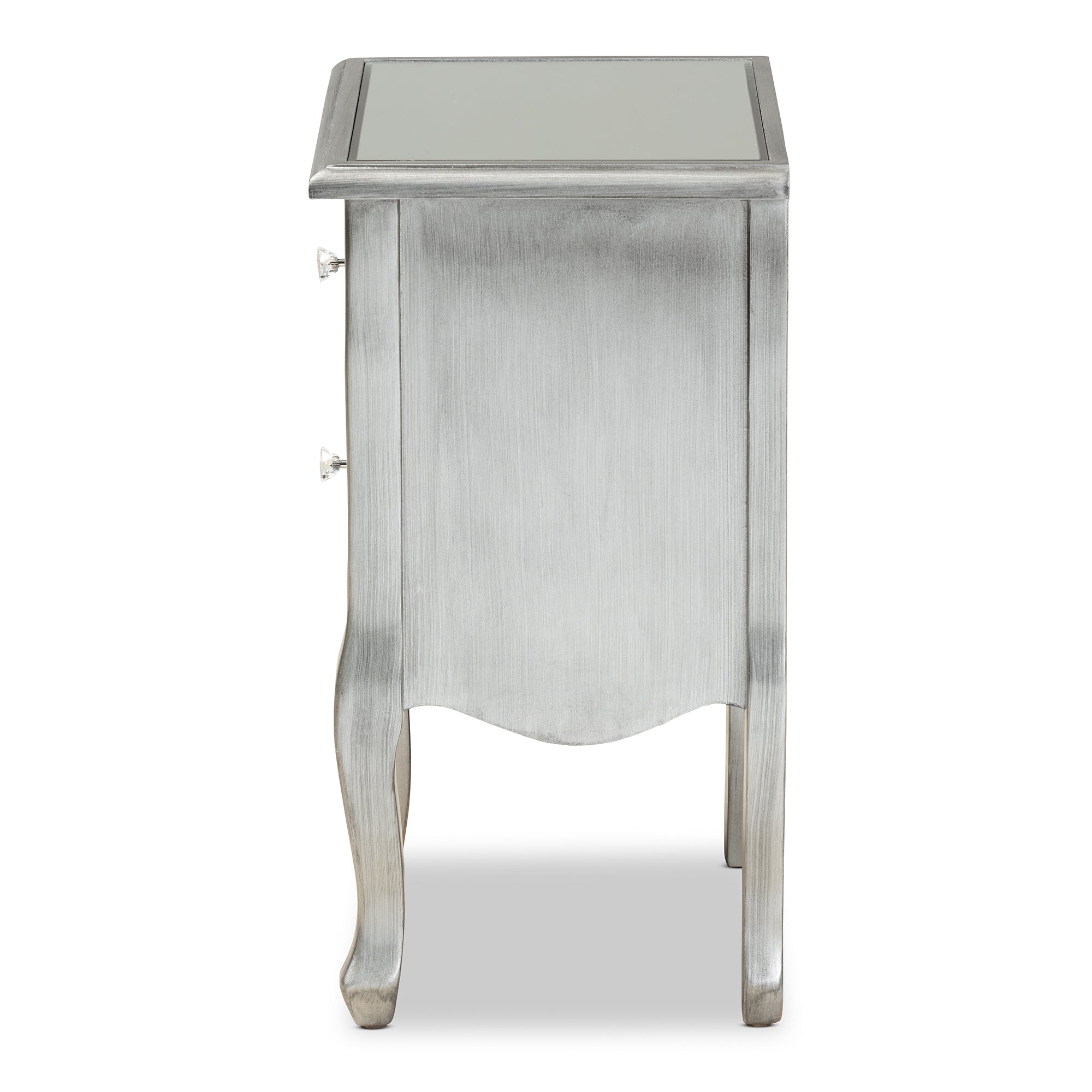 Baxton Studio Leonie Modern Transitional French Brushed Silver Finished Wood and Mirrored Glass 2-Drawer End Table