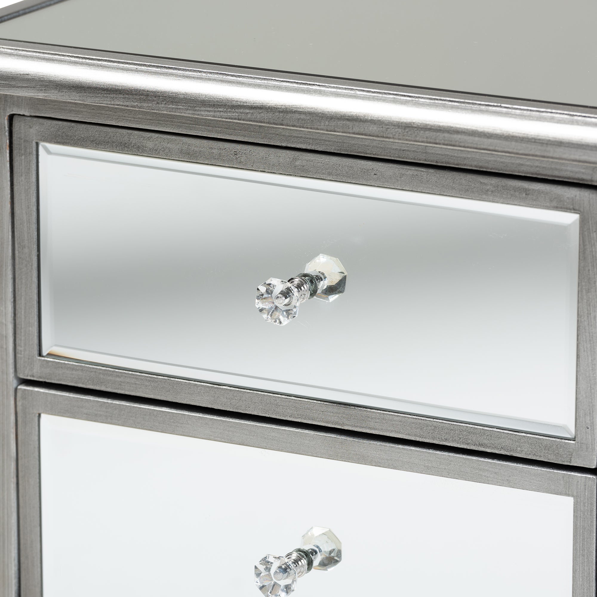 Baxton Studio Leonie Modern Transitional French Brushed Silver Finished Wood and Mirrored Glass 2-Drawer End Table