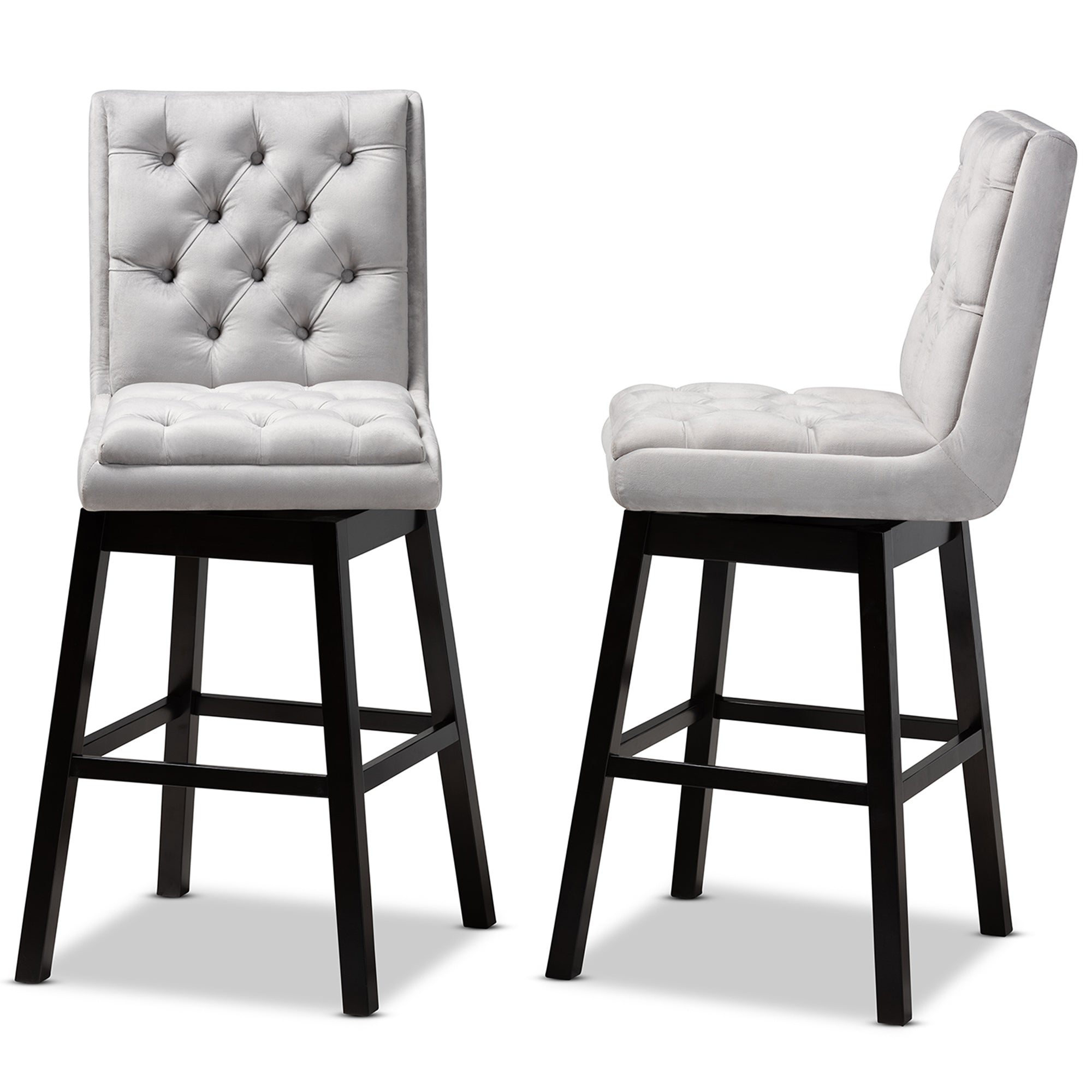 Baxton Studio Gregory Modern Transitional Light Grey Velvet Fabric Upholstered and Dark Brown Finished Wood 2-Piece Swivel Bar Stool Set