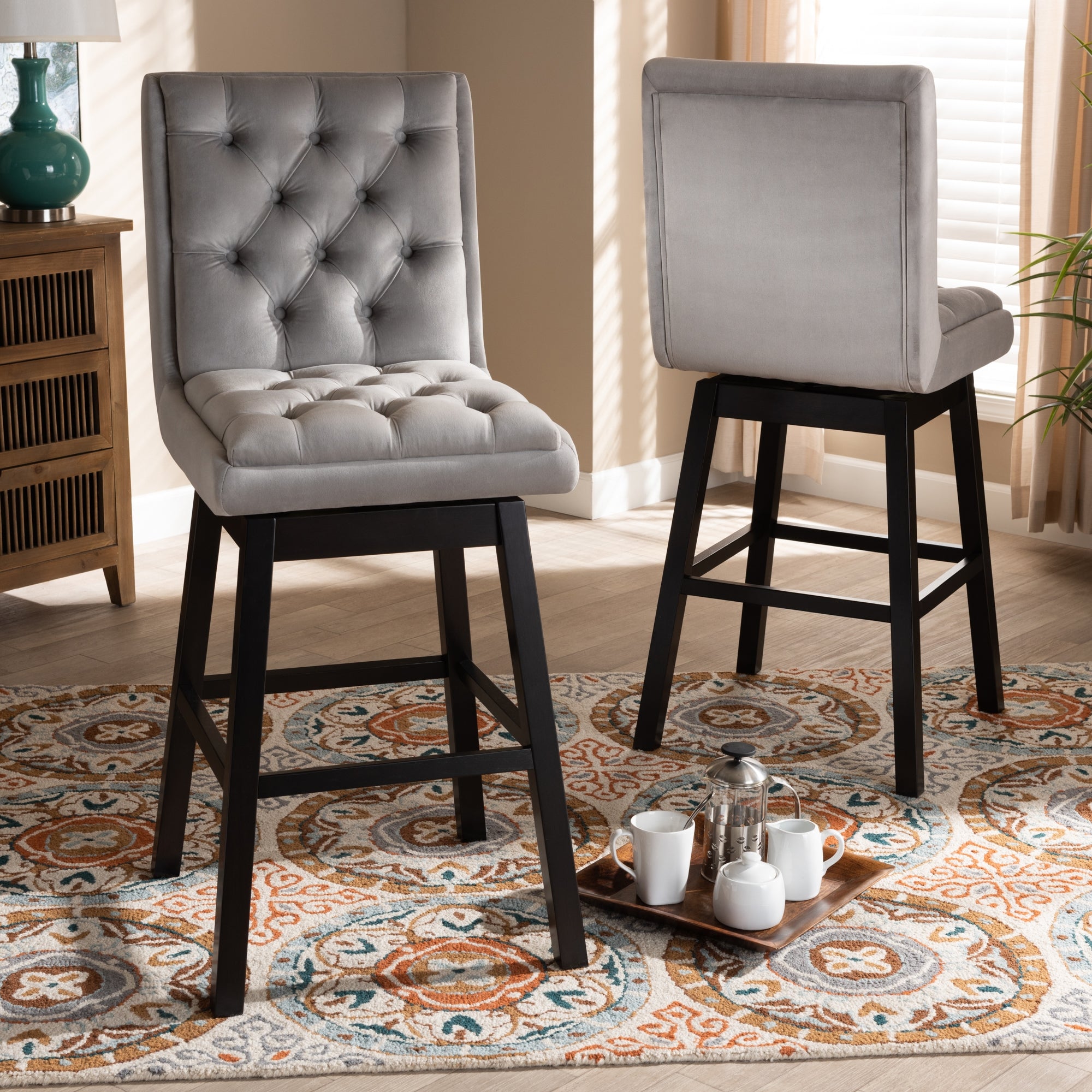 Baxton Studio Gregory Modern Transitional Light Grey Velvet Fabric Upholstered and Dark Brown Finished Wood 2-Piece Swivel Bar Stool Set