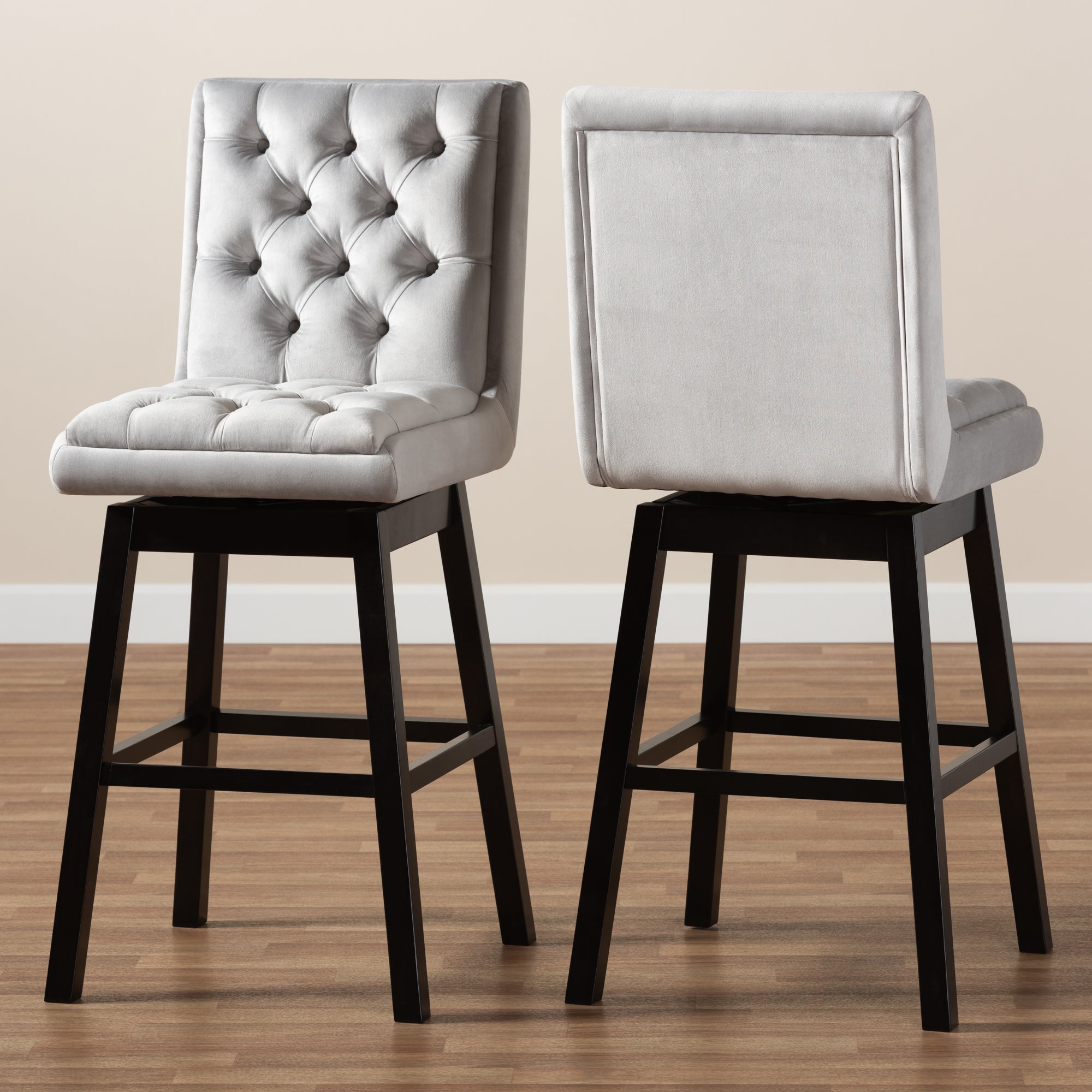 Baxton Studio Gregory Modern Transitional Light Grey Velvet Fabric Upholstered and Dark Brown Finished Wood 2-Piece Swivel Bar Stool Set