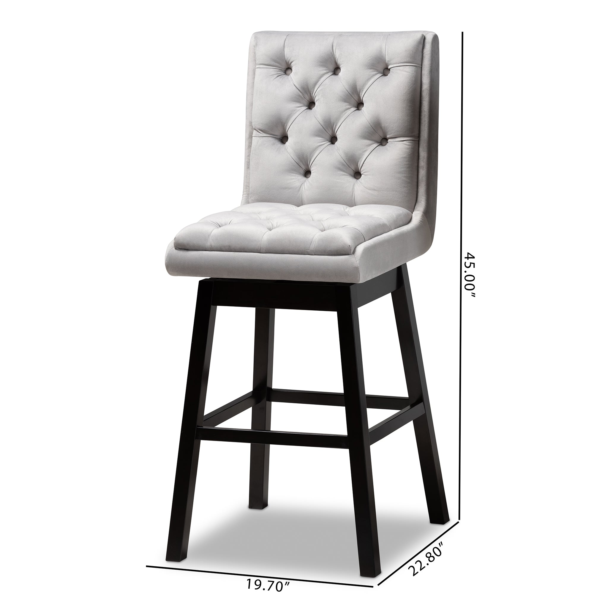 Baxton Studio Gregory Modern Transitional Light Grey Velvet Fabric Upholstered and Dark Brown Finished Wood 2-Piece Swivel Bar Stool Set