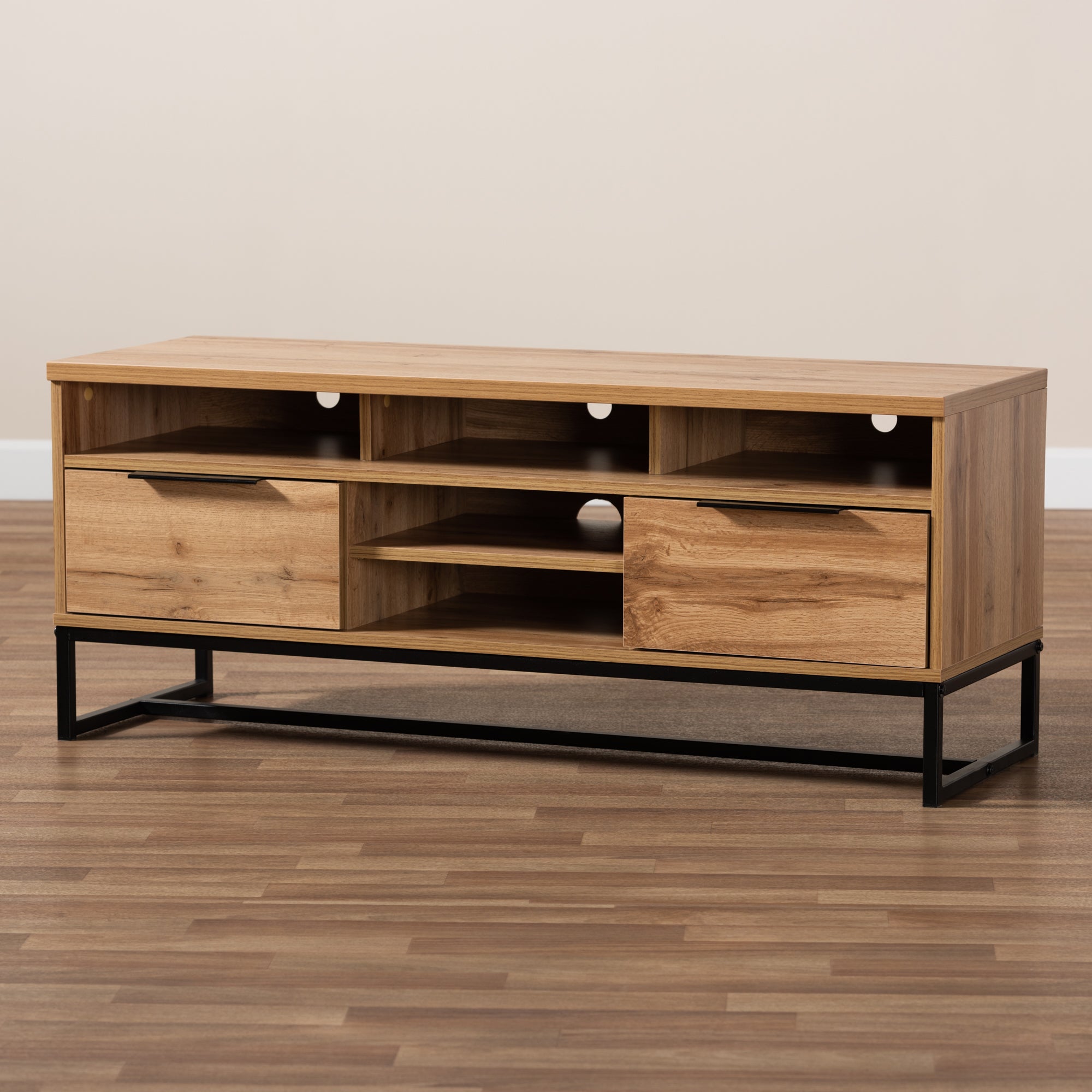 Baxton Studio Reid Modern and Contemporary Industrial Oak Finished Wood and Black Metal 2-Drawer TV Stand