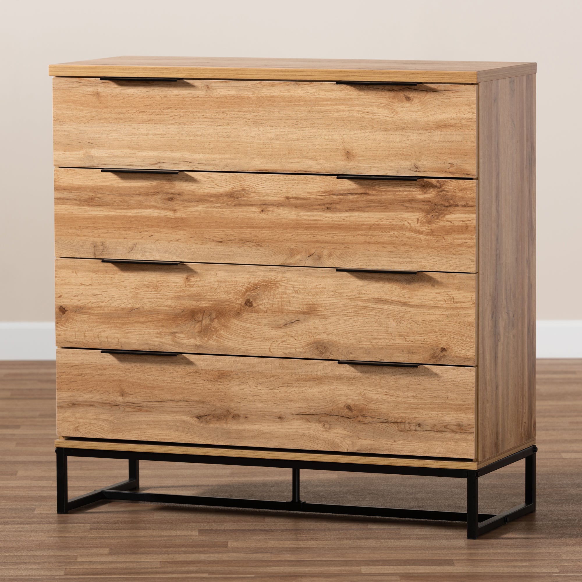Baxton Studio Reid Modern and Contemporary Industrial Oak Finished Wood and Black Metal 4-Drawer Dresser