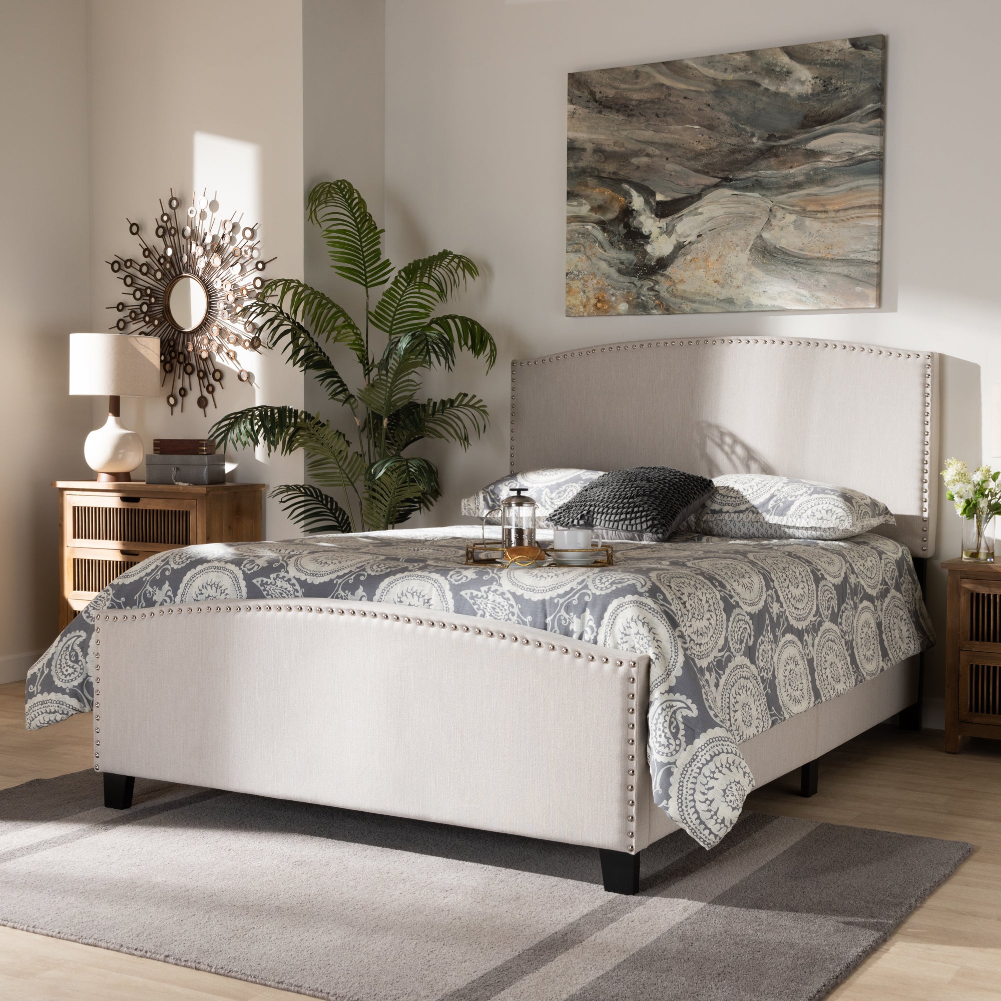 Baxton Studio Morgan Modern Transitional Beige Fabric Upholstered King Size Panel Bed