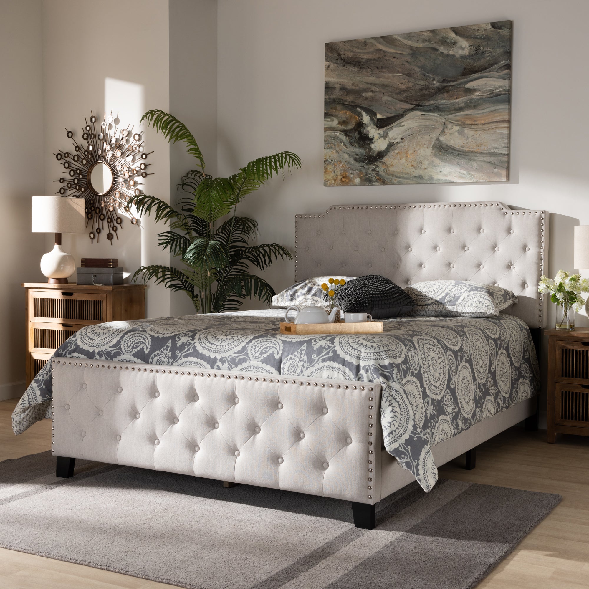 Baxton Studio Marion Modern Transitional Beige Fabric Upholstered Button Tufted Queen Size Panel Bed