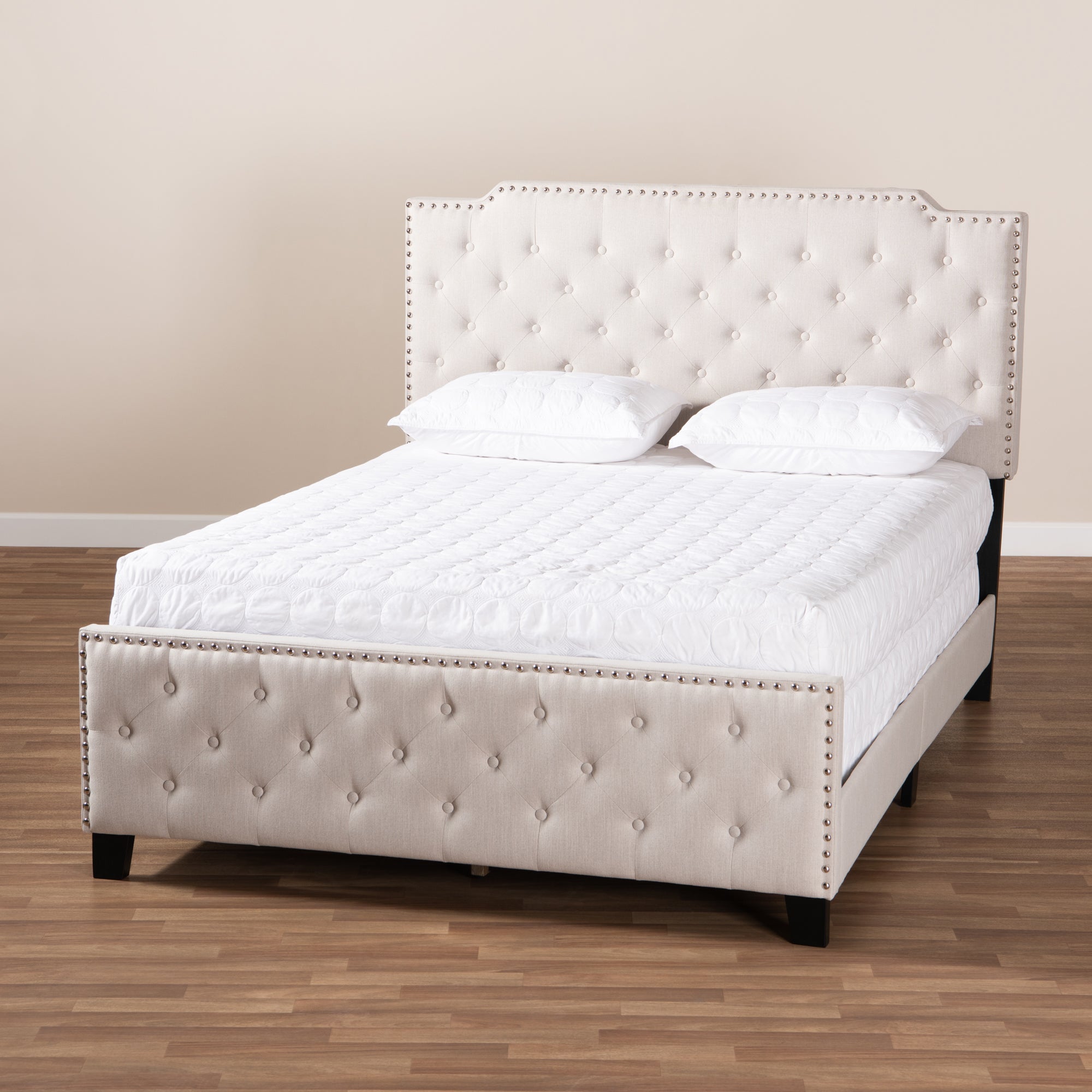 Baxton Studio Marion Modern Transitional Beige Fabric Upholstered Button Tufted Queen Size Panel Bed