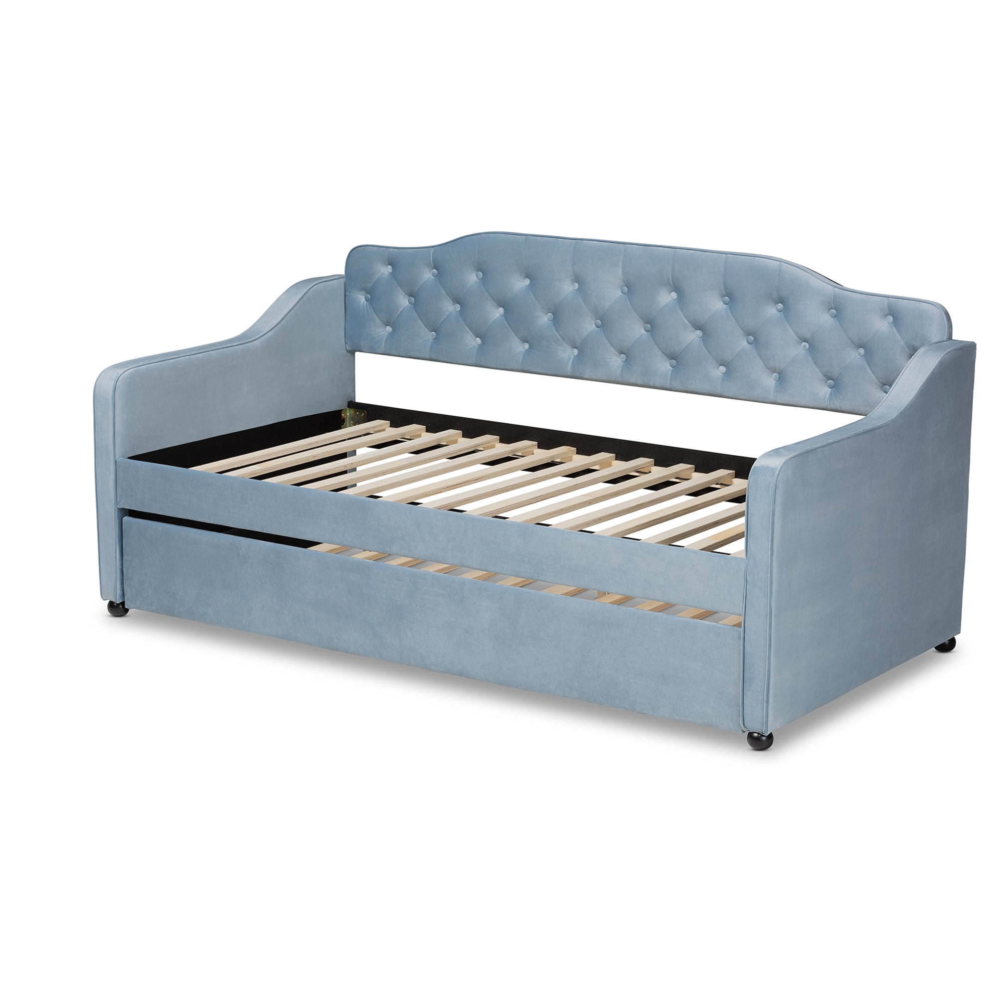 Baxton Studio Freda Traditional and Transitional Light Blue Velvet Fabric Upholstered and Button Tufted Twin Size Daybed with Trundle