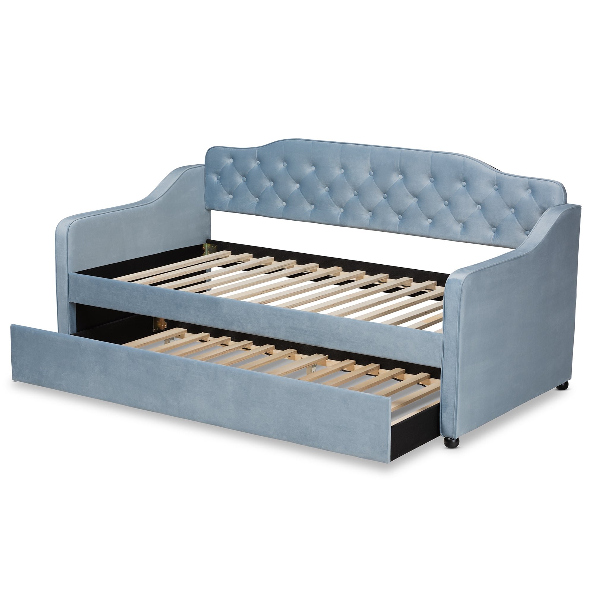 Baxton Studio Freda Traditional and Transitional Light Blue Velvet Fabric Upholstered and Button Tufted Twin Size Daybed with Trundle