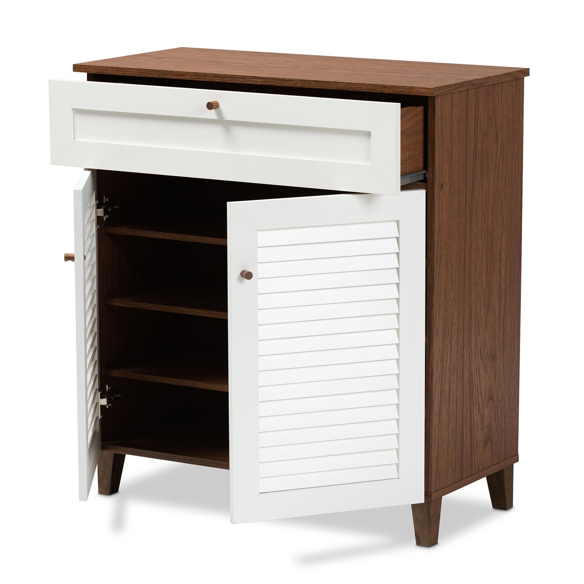 Baxton Studio Coolidge Modern and Contemporary White and Walnut Finished 4-Shelf Wood Shoe Storage Cabinet with Drawer