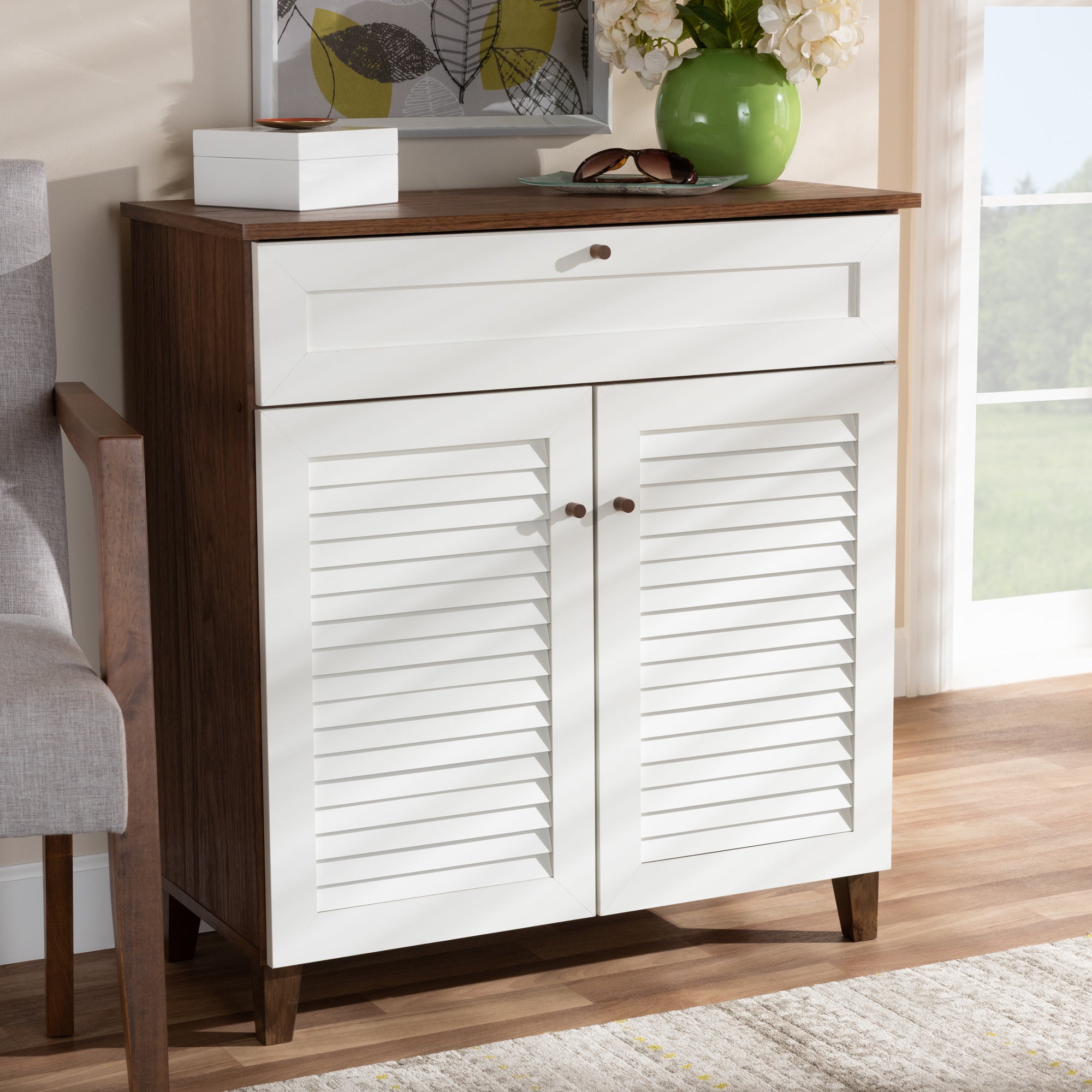 Baxton Studio Coolidge Modern and Contemporary White and Walnut Finished 4-Shelf Wood Shoe Storage Cabinet with Drawer