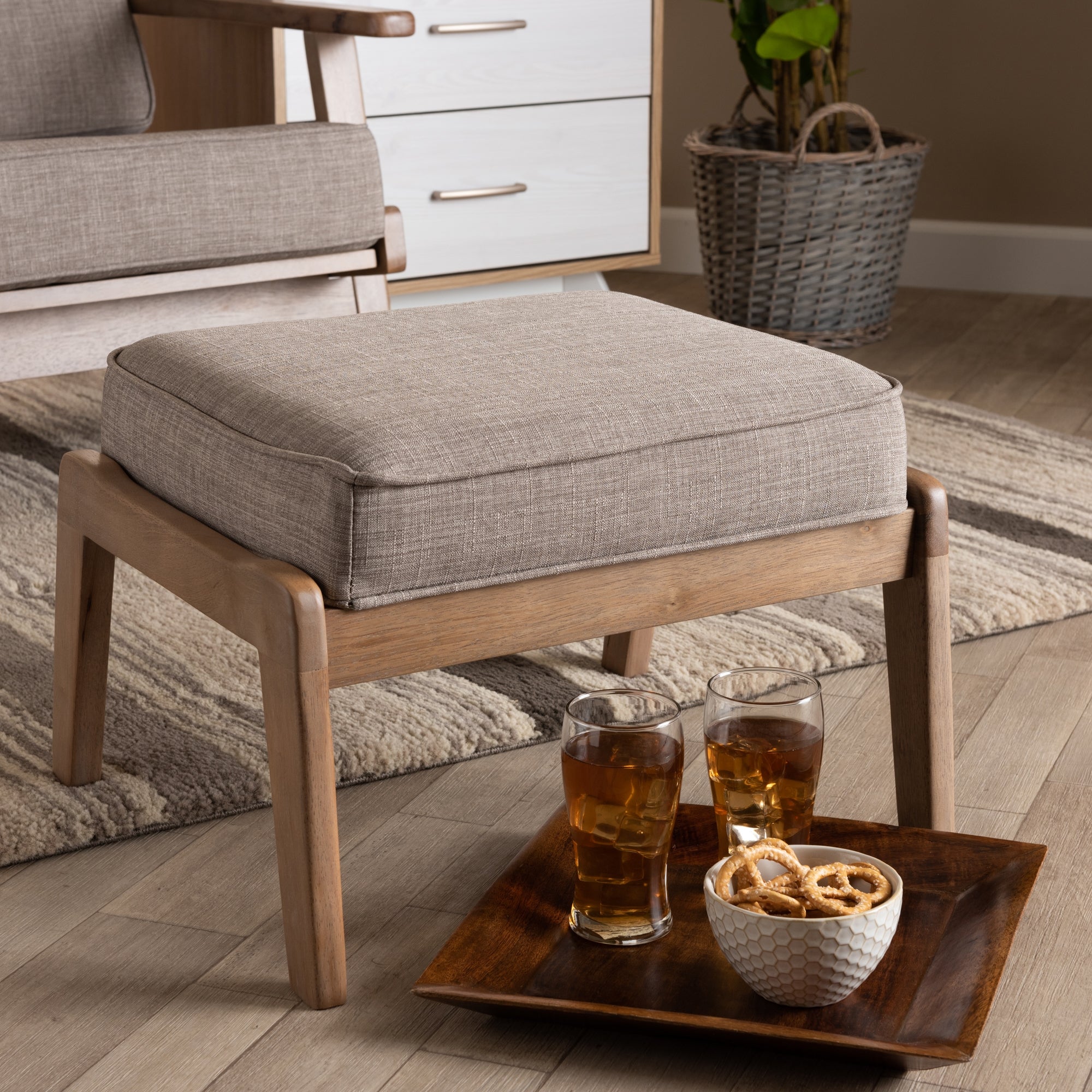 Baxton Studio Sigrid Mid-Century Modern Light Grey Fabric Upholstered Antique Oak Finished Wood Ottoman