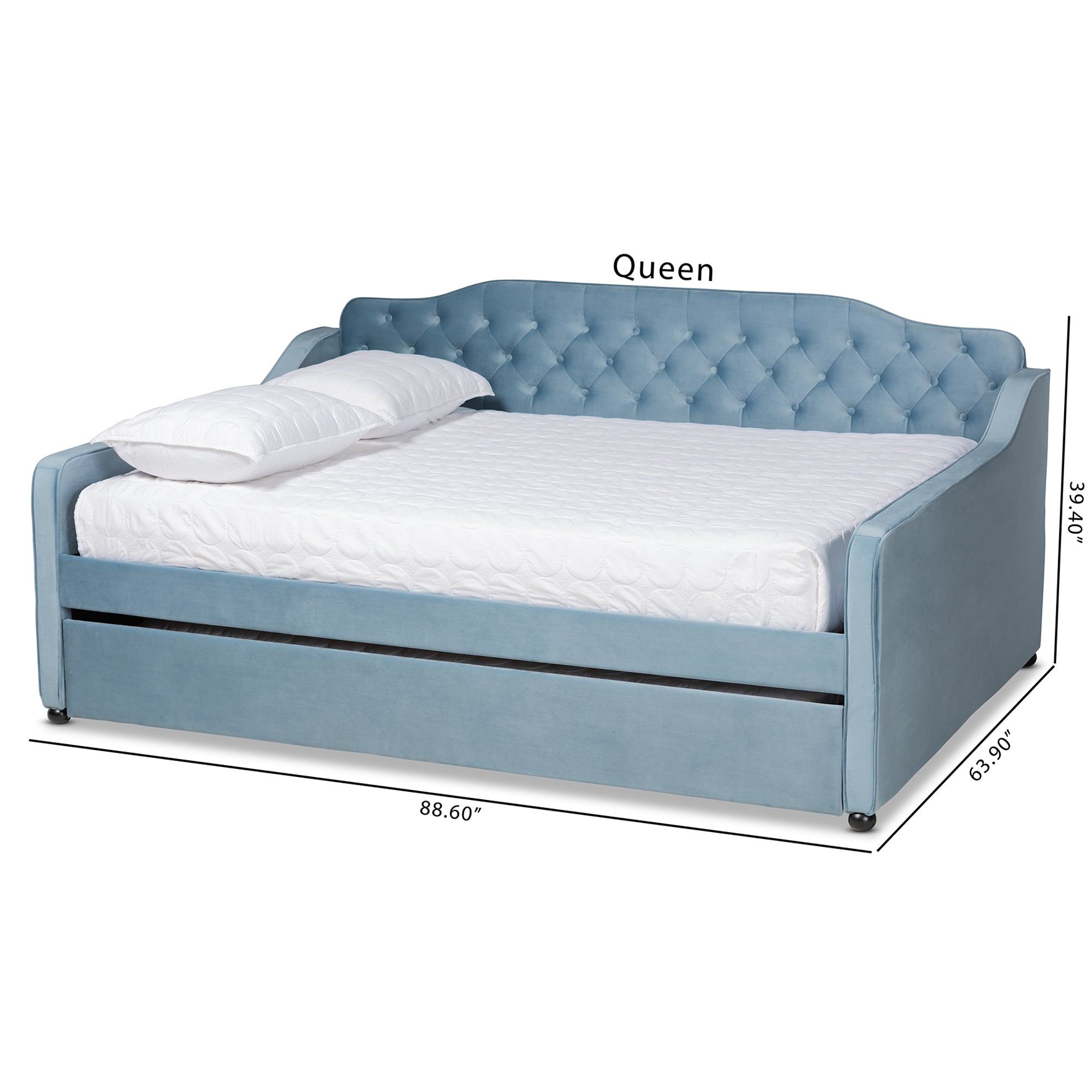 Baxton Studio Freda Transitional and Contemporary Light Blue Velvet Fabric Upholstered and Button Tufted Queen Size Daybed with Trundle