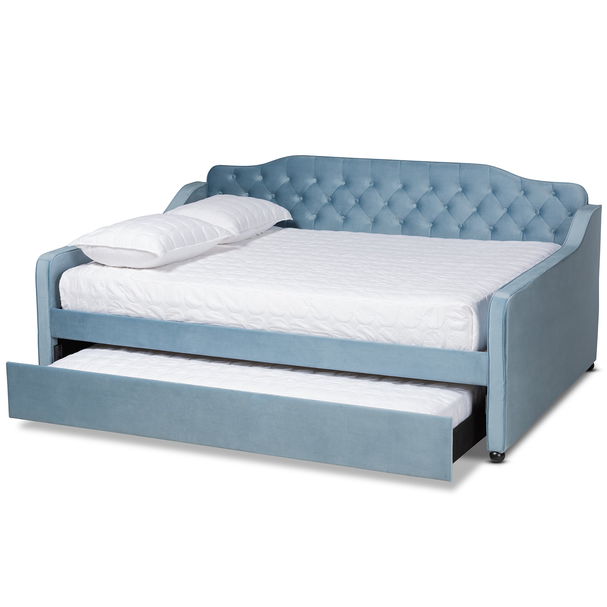 Baxton Studio Freda Transitional and Contemporary Light Blue Velvet Fabric Upholstered and Button Tufted Full Size Daybed with Trundle
