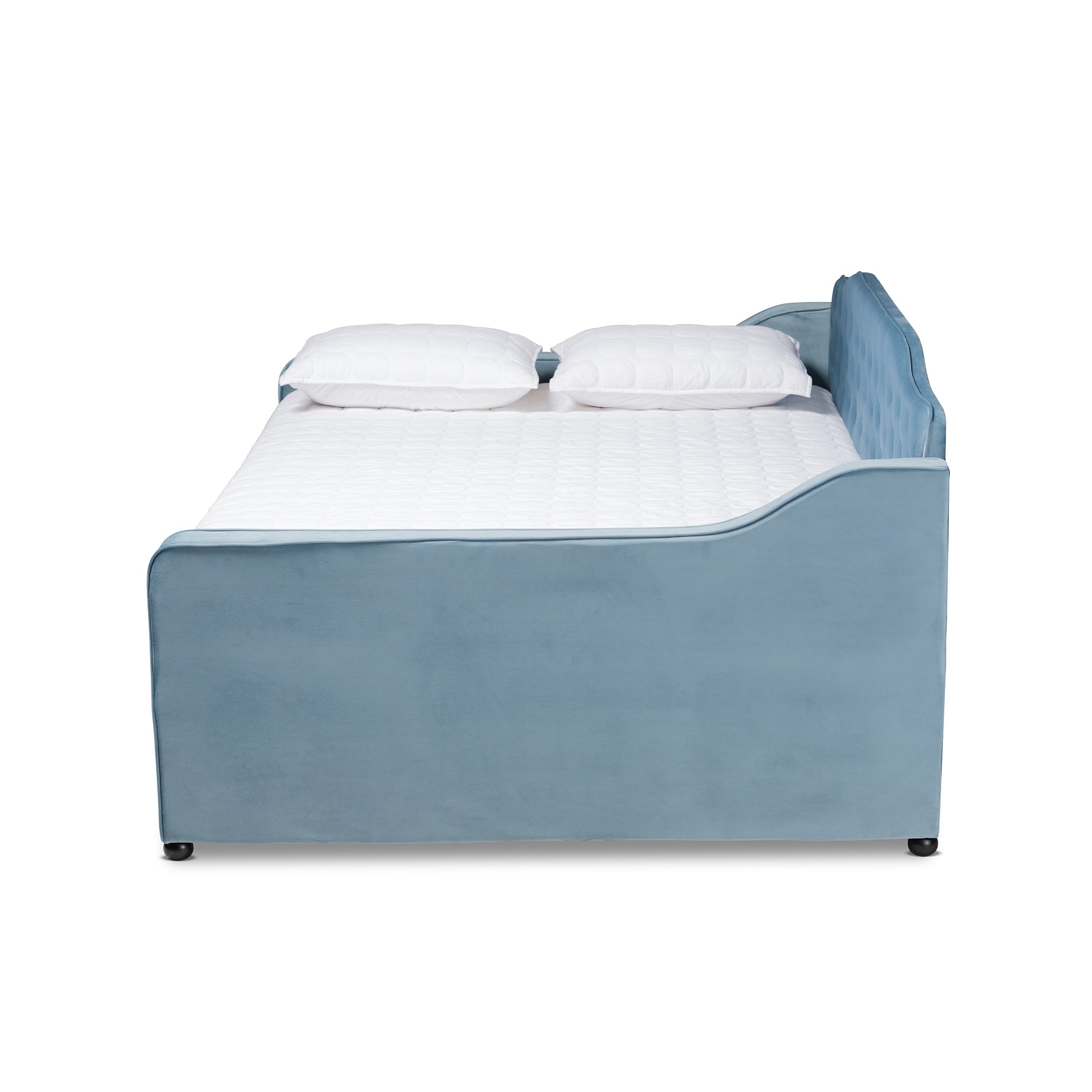 Baxton Studio Freda Transitional and Contemporary Light Blue Velvet Fabric Upholstered and Button Tufted Queen Size Daybed with Trundle