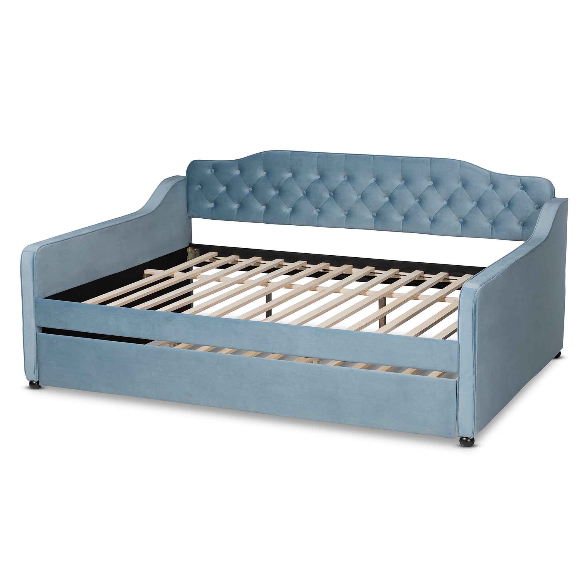 Baxton Studio Freda Transitional and Contemporary Light Blue Velvet Fabric Upholstered and Button Tufted Queen Size Daybed with Trundle
