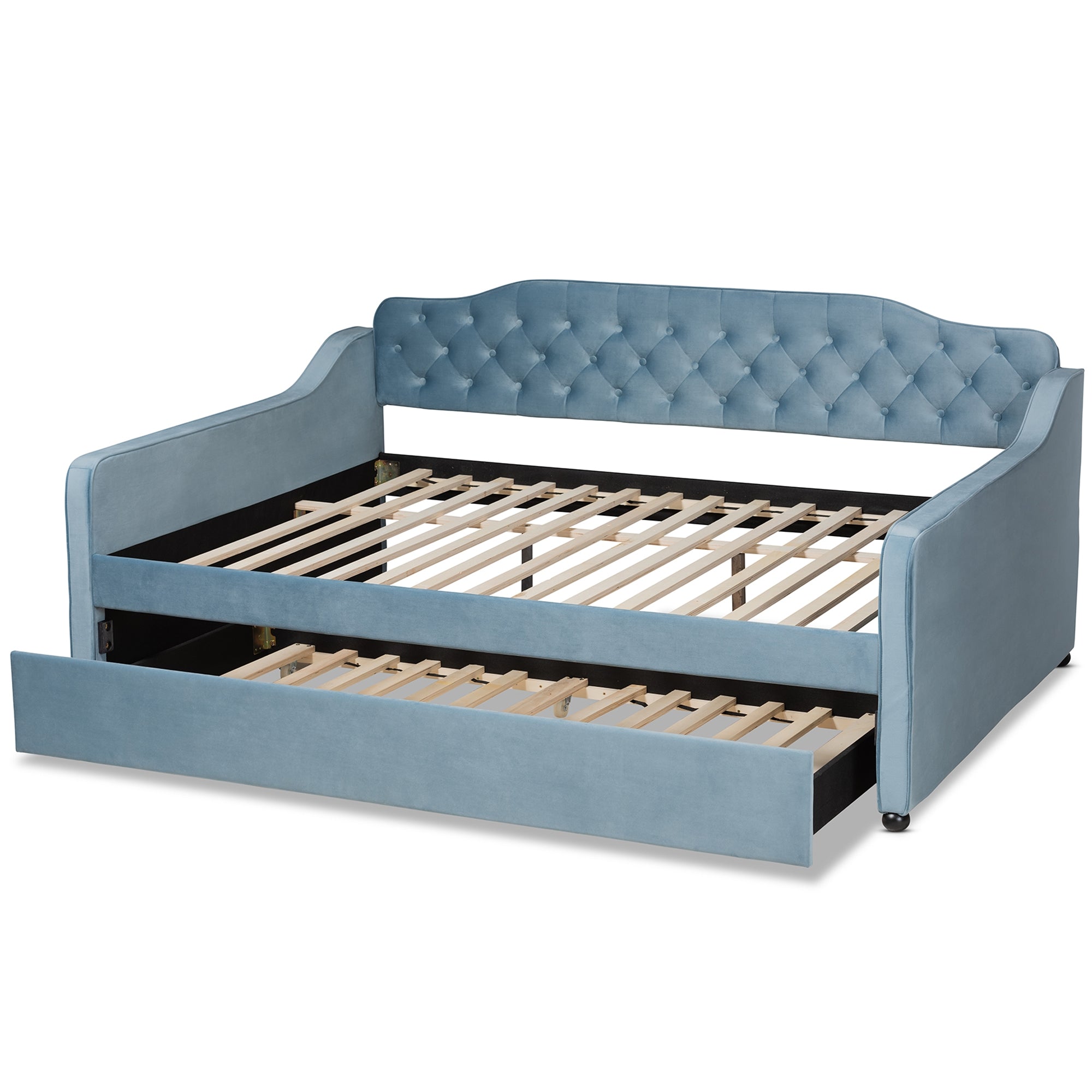 Baxton Studio Freda Transitional and Contemporary Light Blue Velvet Fabric Upholstered and Button Tufted Queen Size Daybed with Trundle