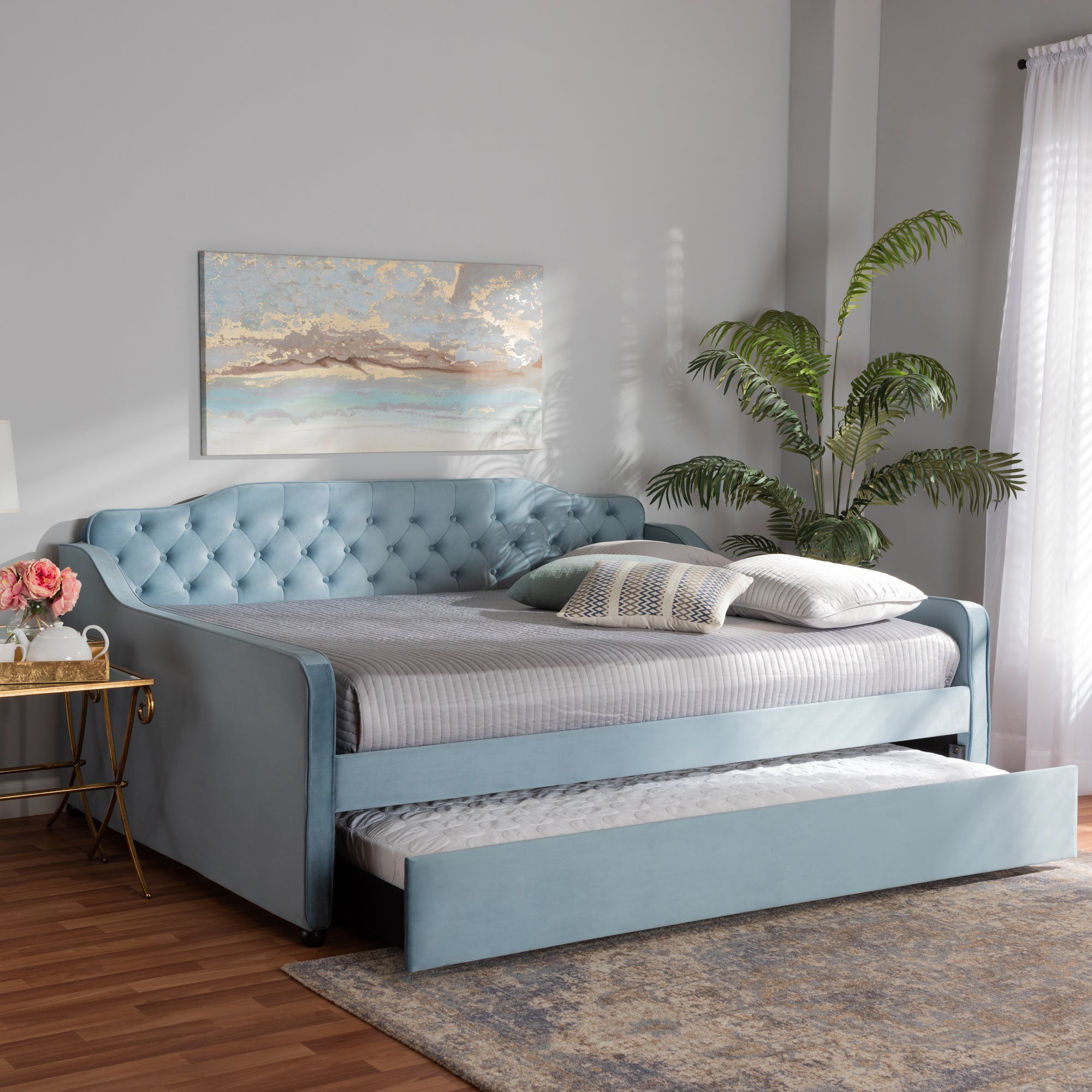 Baxton Studio Freda Transitional and Contemporary Light Blue Velvet Fabric Upholstered and Button Tufted Queen Size Daybed with Trundle