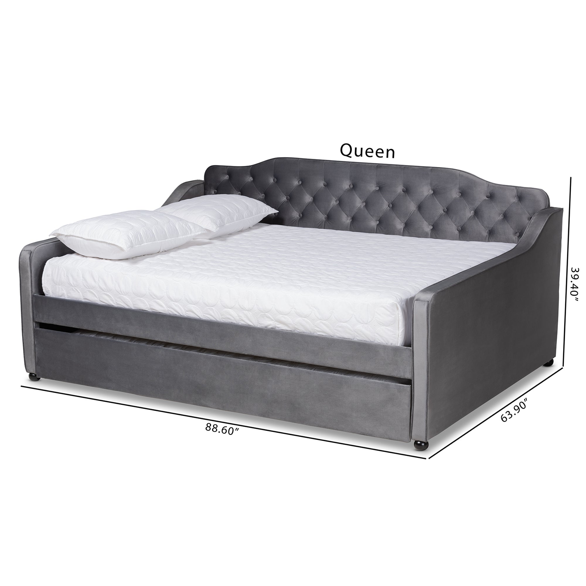Baxton Studio Freda Transitional and Contemporary Grey Velvet Fabric Upholstered and Button Tufted Full Size Daybed with Trundle