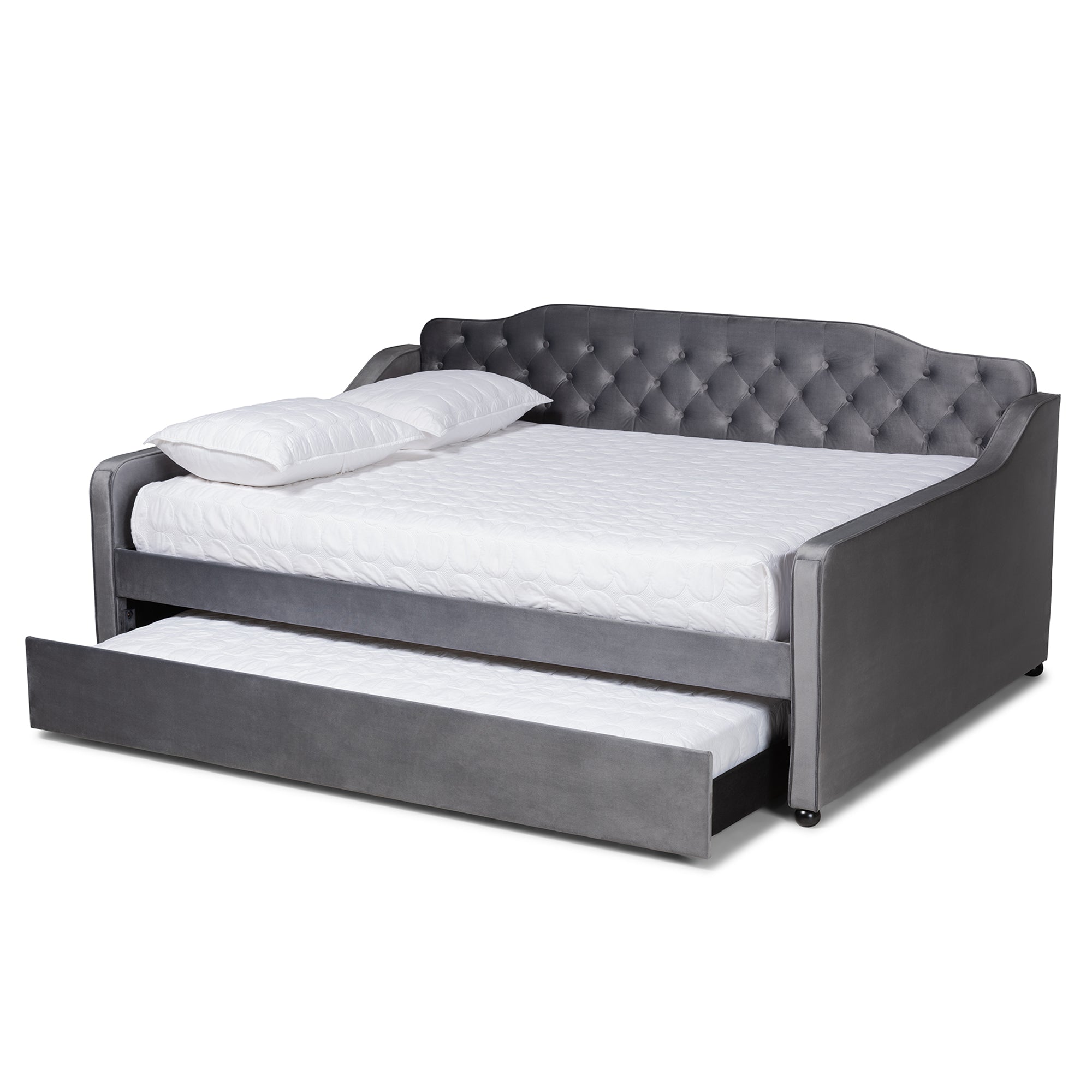 Baxton Studio Freda Transitional and Contemporary Grey Velvet Fabric Upholstered and Button Tufted Full Size Daybed with Trundle