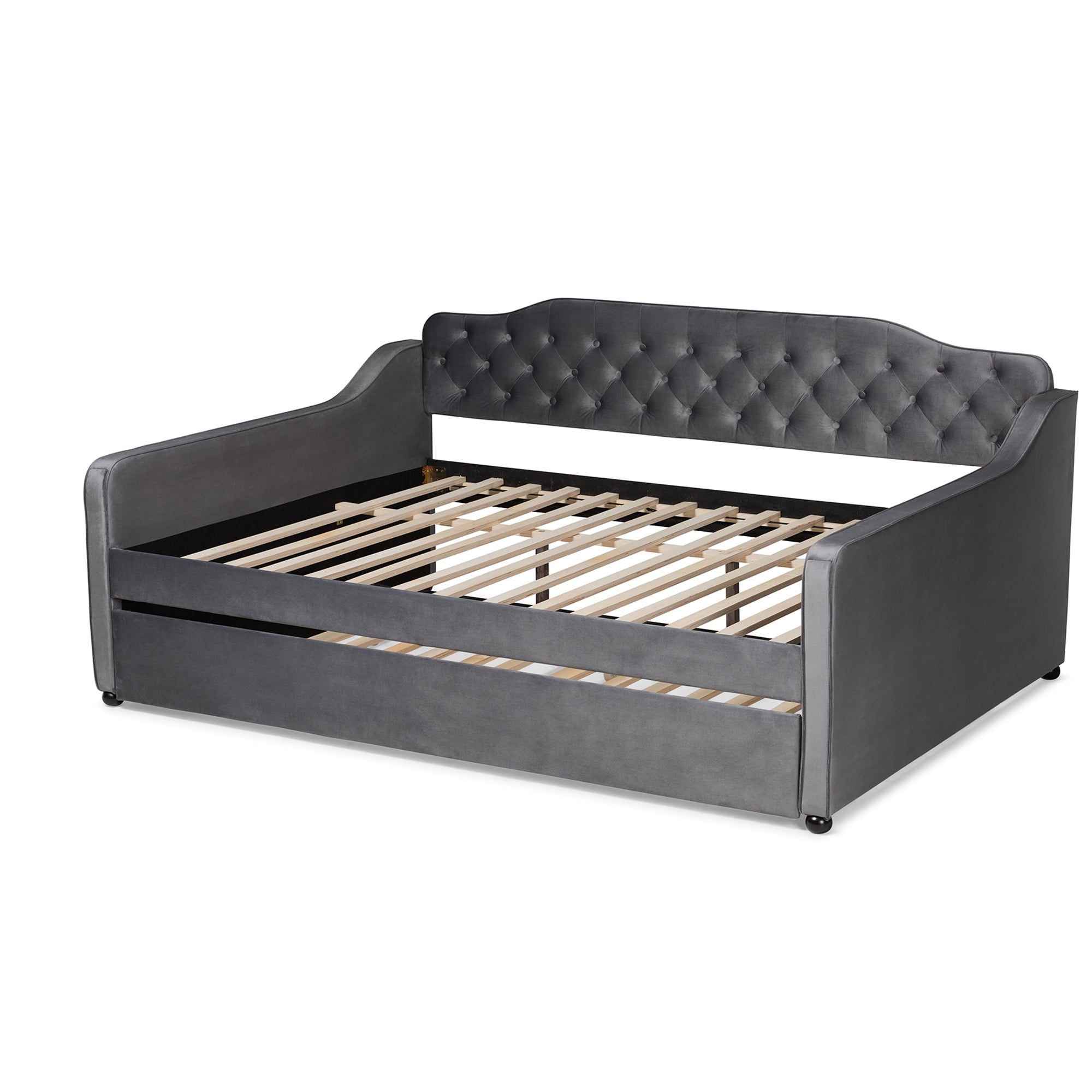 Baxton Studio Freda Transitional and Contemporary Grey Velvet Fabric Upholstered and Button Tufted Full Size Daybed with Trundle