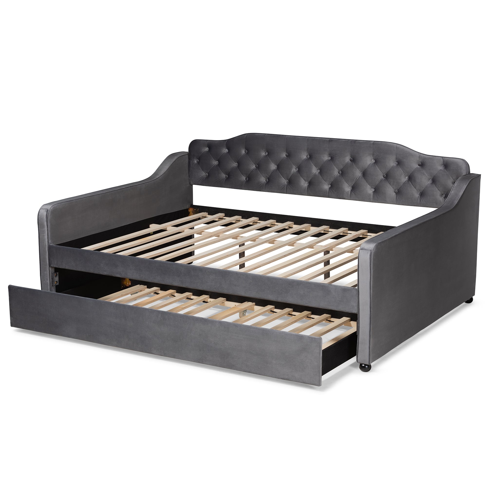 Baxton Studio Freda Transitional and Contemporary Grey Velvet Fabric Upholstered and Button Tufted Queen Size Daybed with Trundle