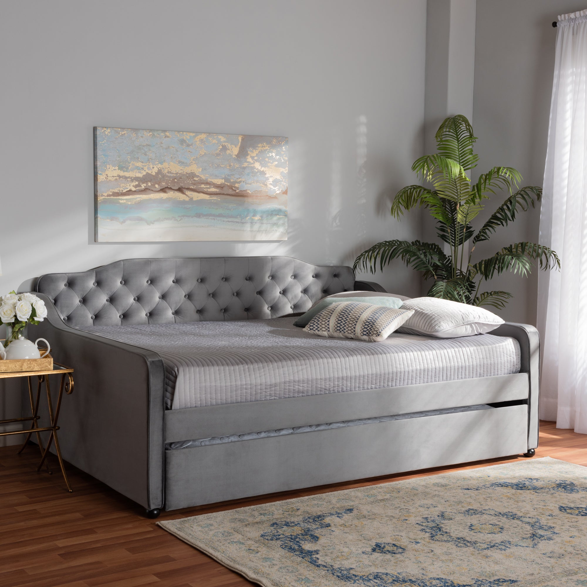 Baxton Studio Freda Transitional and Contemporary Grey Velvet Fabric Upholstered and Button Tufted Full Size Daybed with Trundle