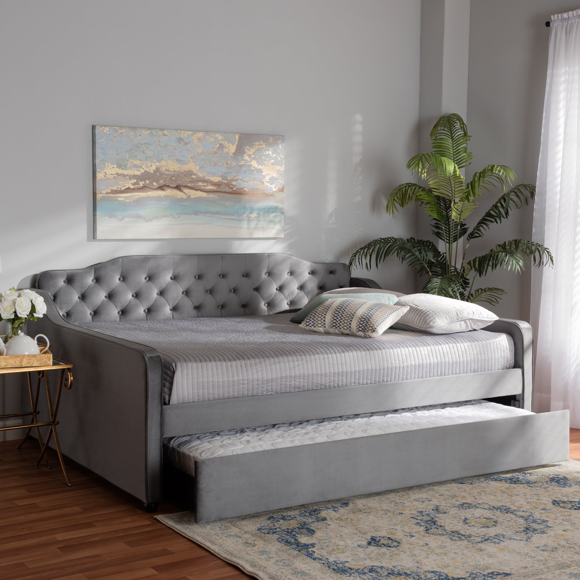 Baxton Studio Freda Transitional and Contemporary Grey Velvet Fabric Upholstered and Button Tufted Queen Size Daybed with Trundle