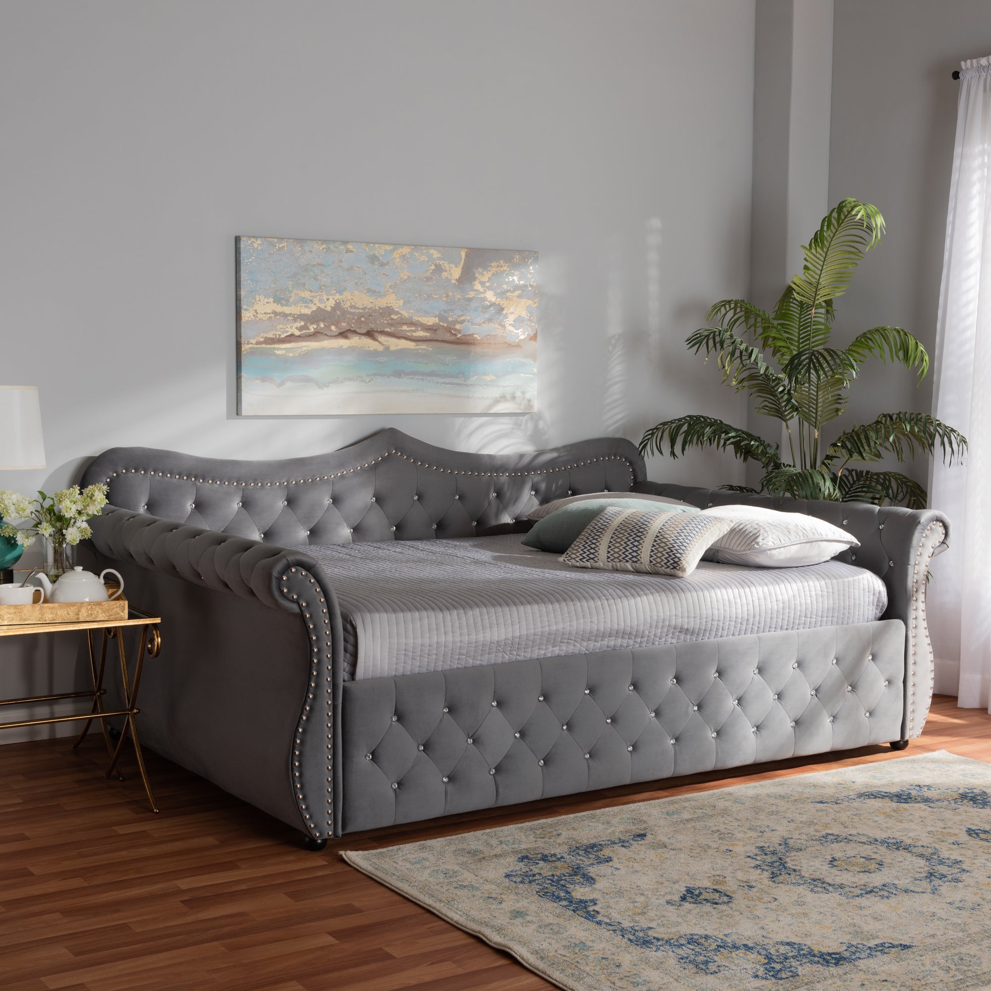 Baxton Studio Abbie Traditional and Transitional Grey Velvet Fabric Upholstered and Crystal Tufted Queen Size Daybed