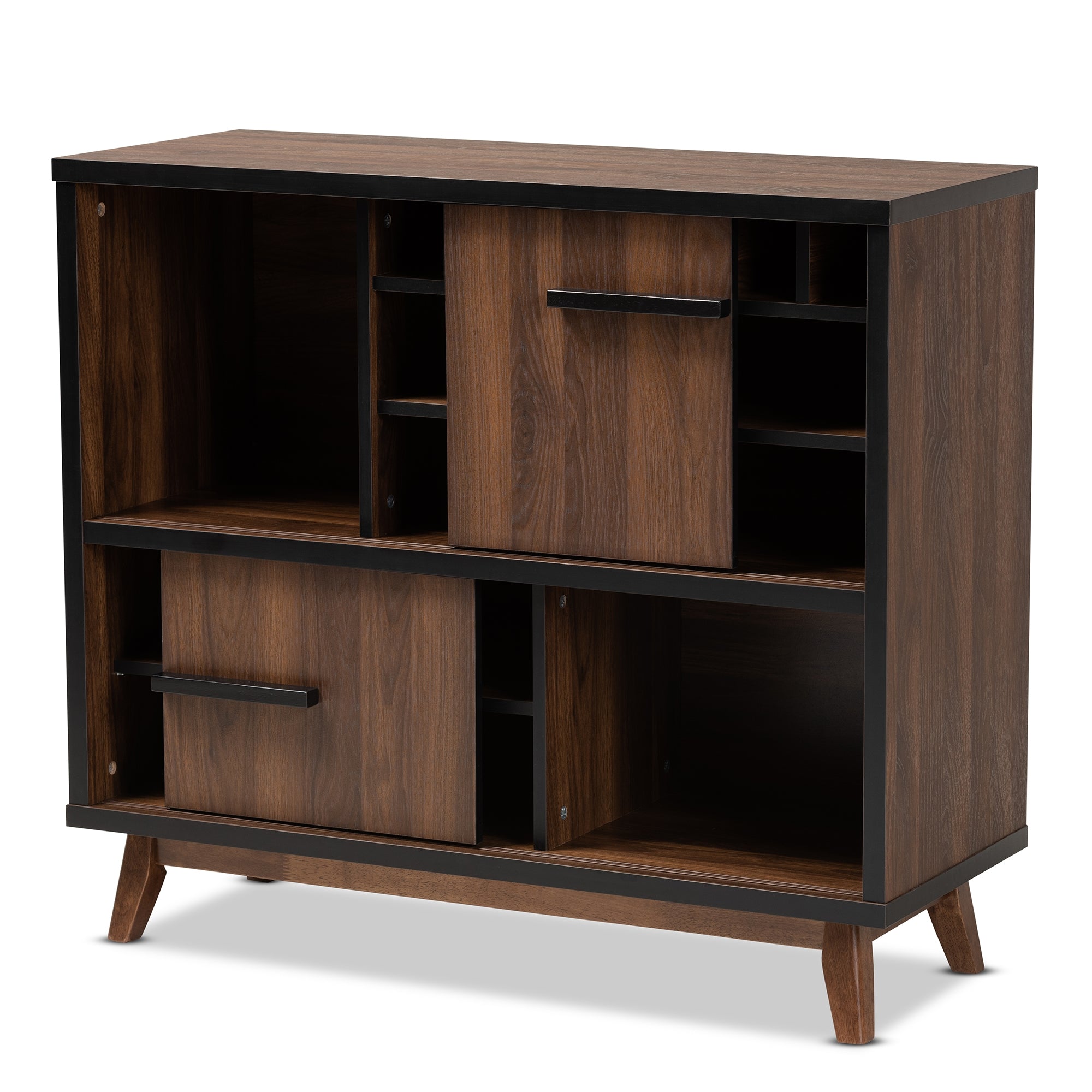 Baxton Studio Margo Mid-Century Modern Two-Tone Walnut Brown and Black Finished Wood Wine Storage Cabinet
