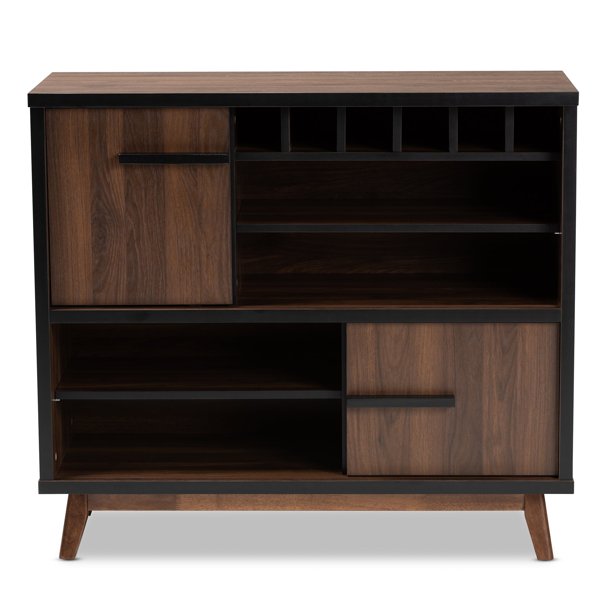 Baxton Studio Margo Mid-Century Modern Two-Tone Walnut Brown and Black Finished Wood Wine Storage Cabinet