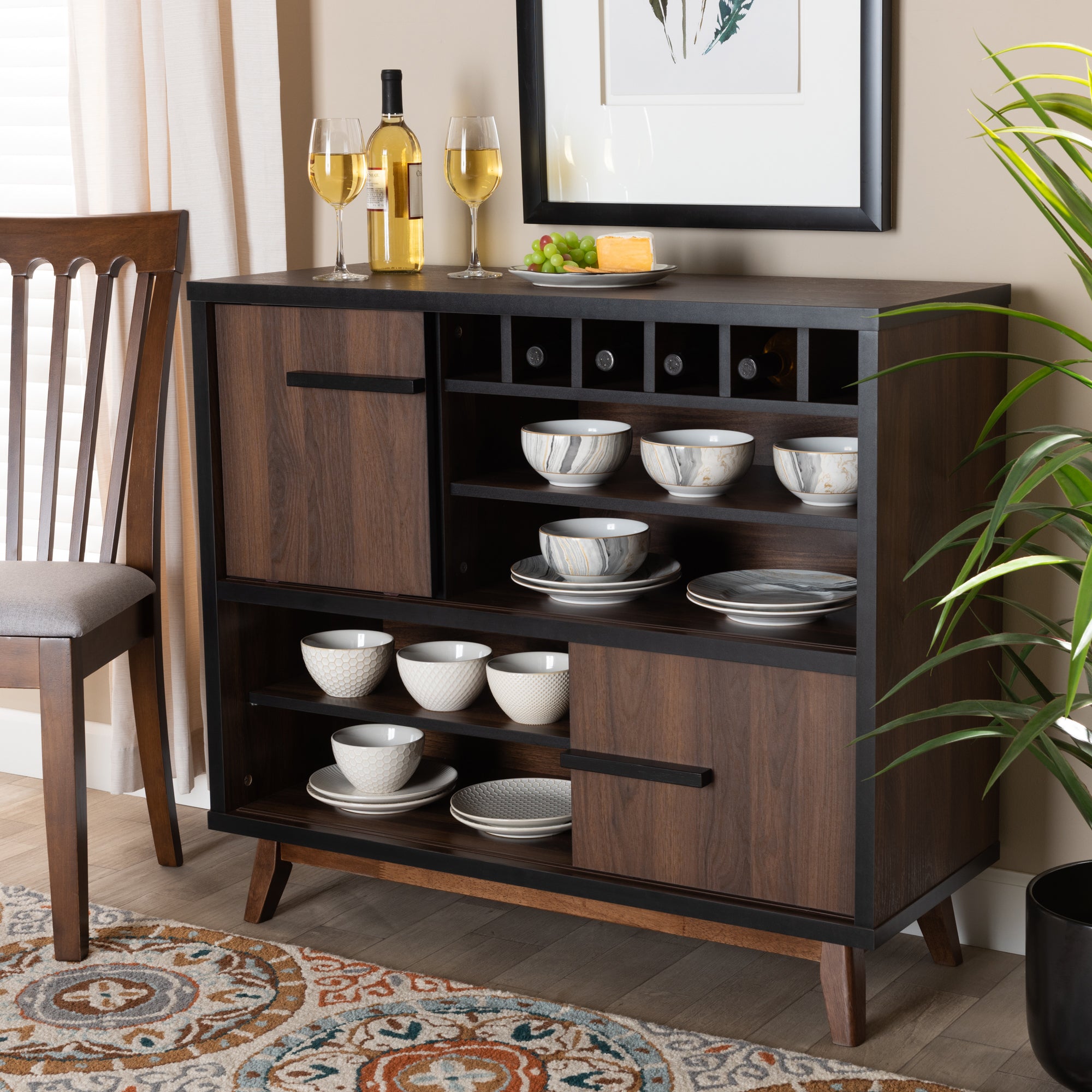 Baxton Studio Margo Mid-Century Modern Two-Tone Walnut Brown and Black Finished Wood Wine Storage Cabinet