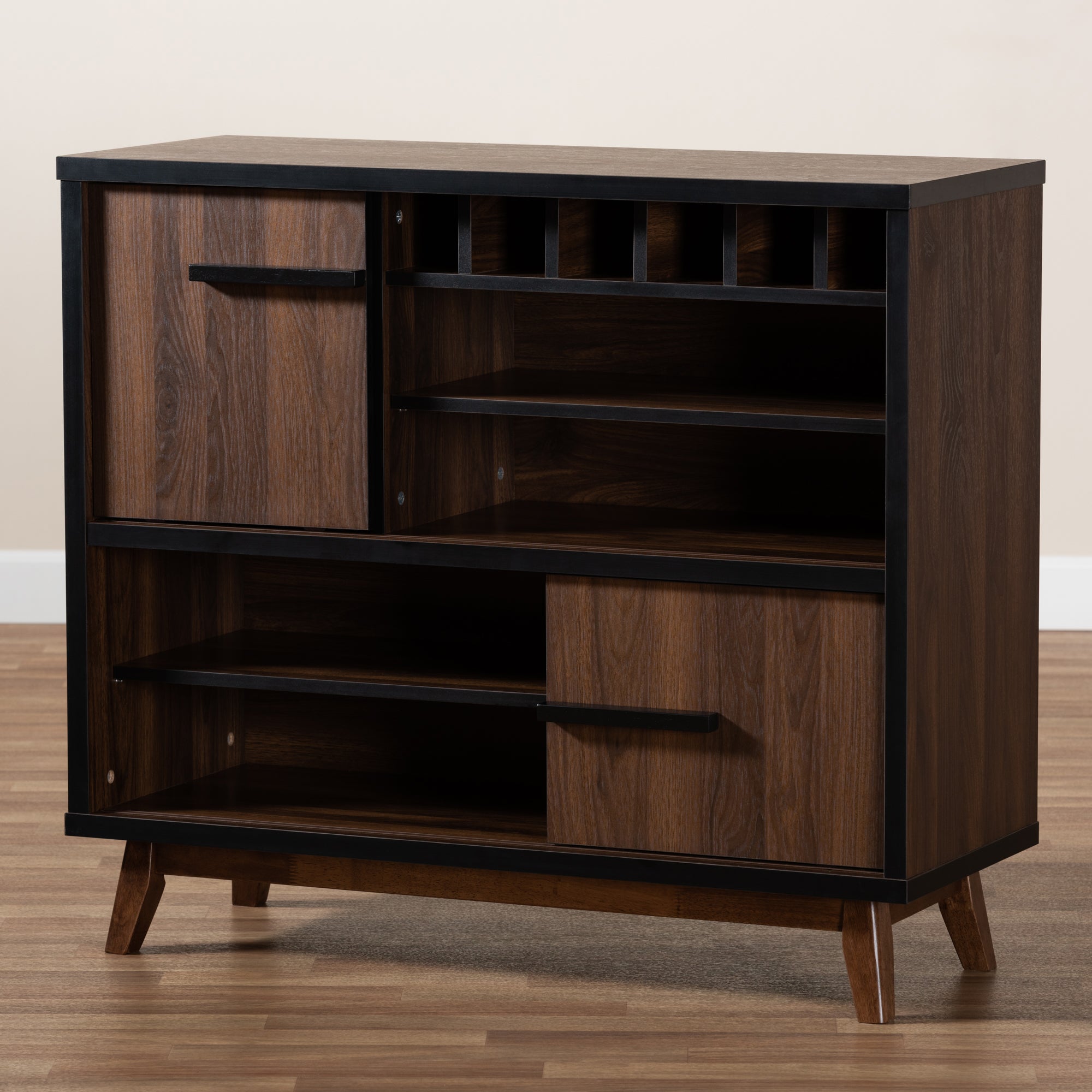 Baxton Studio Margo Mid-Century Modern Two-Tone Walnut Brown and Black Finished Wood Wine Storage Cabinet