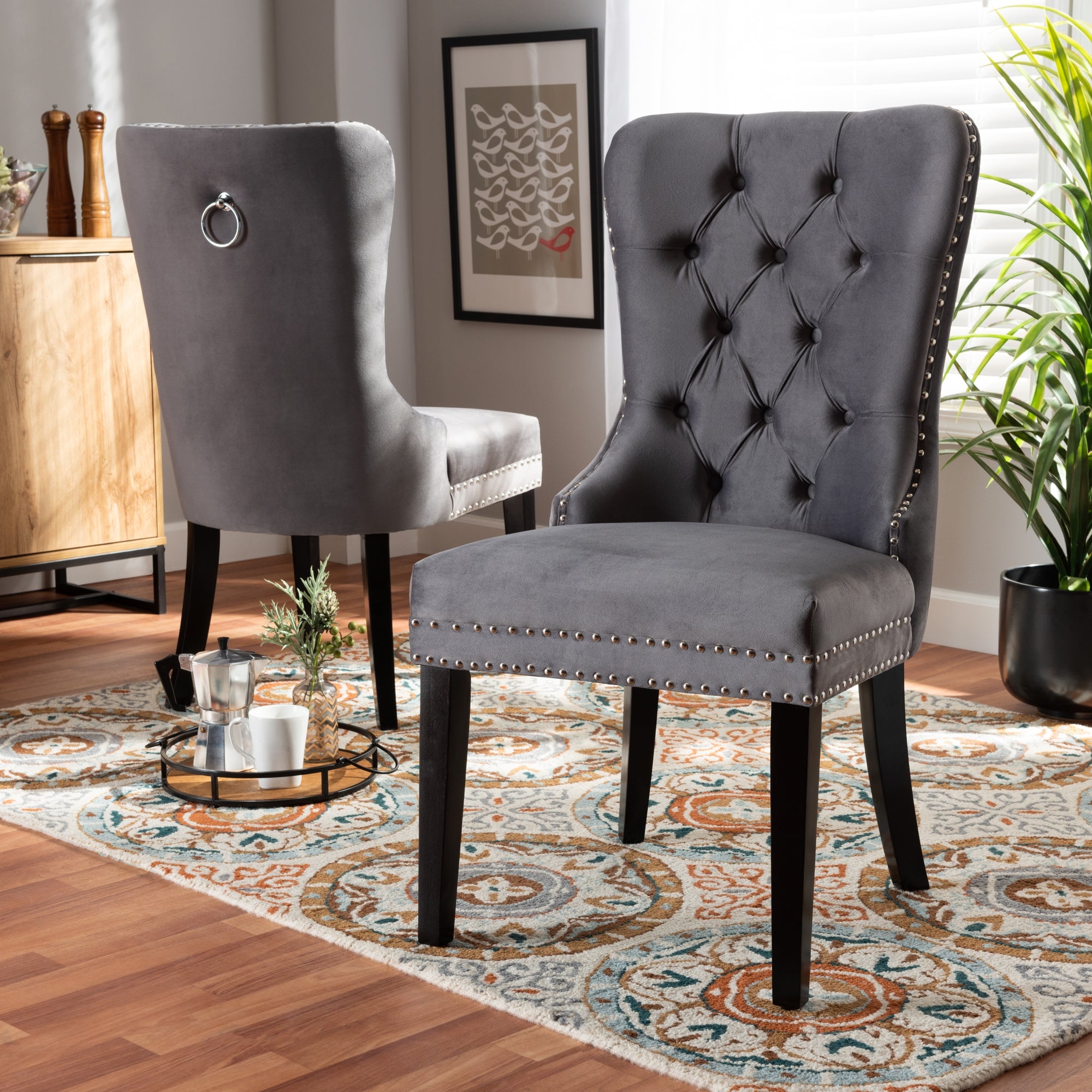 Baxton Studio Remy Modern Transitional Grey Velvet Fabric Upholstered Espresso Finished 2-Piece Wood Dining Chair Se
