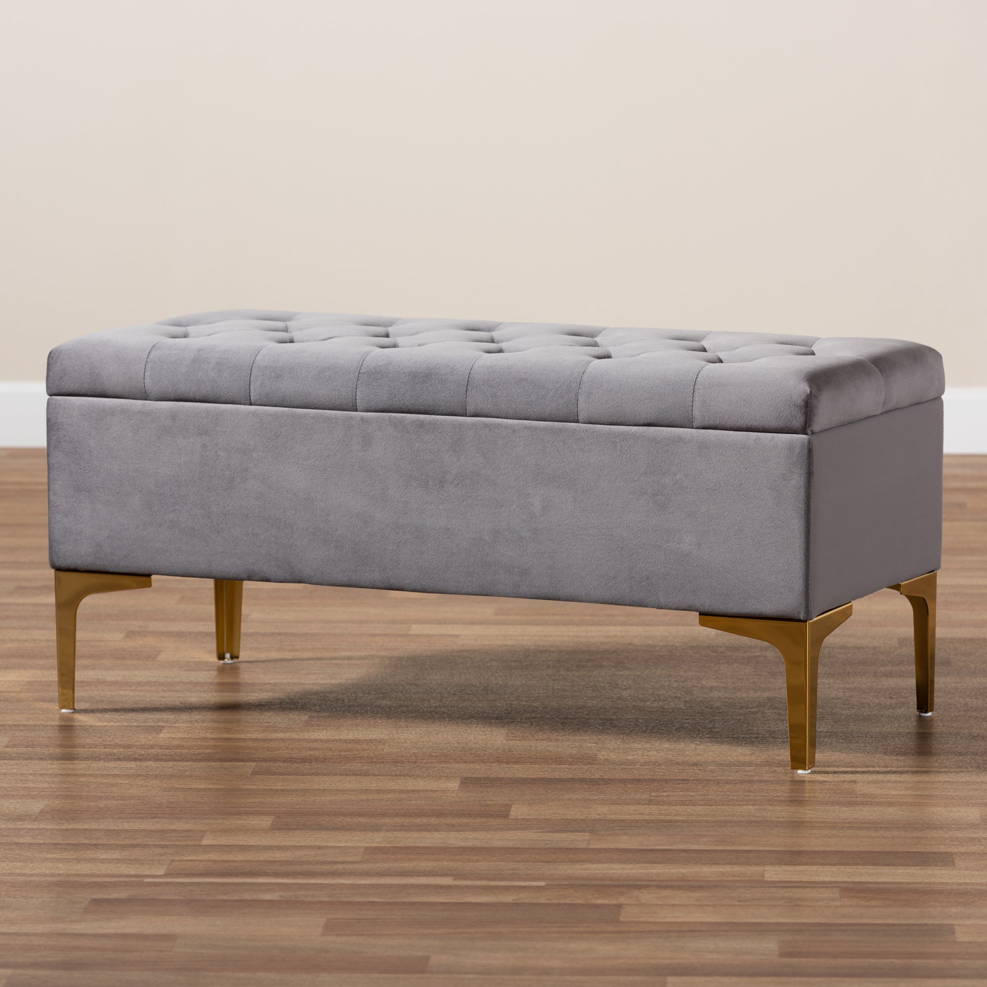 Baxton Studio Valere Glam and Luxe Grey Velvet Fabric Upholstered Gold Finished Button Tufted Storage Ottoman