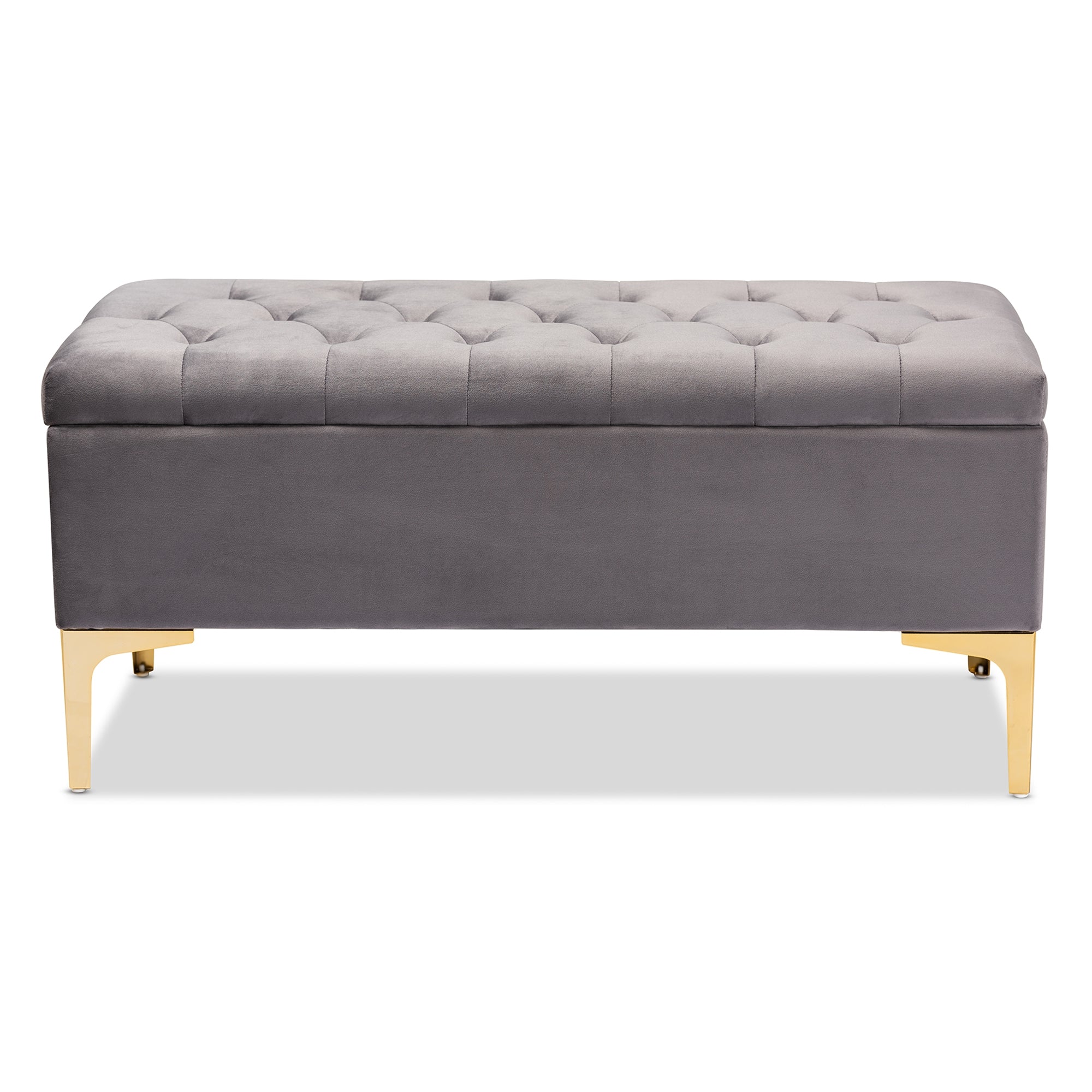 Baxton Studio Valere Glam and Luxe Grey Velvet Fabric Upholstered Gold Finished Button Tufted Storage Ottoman