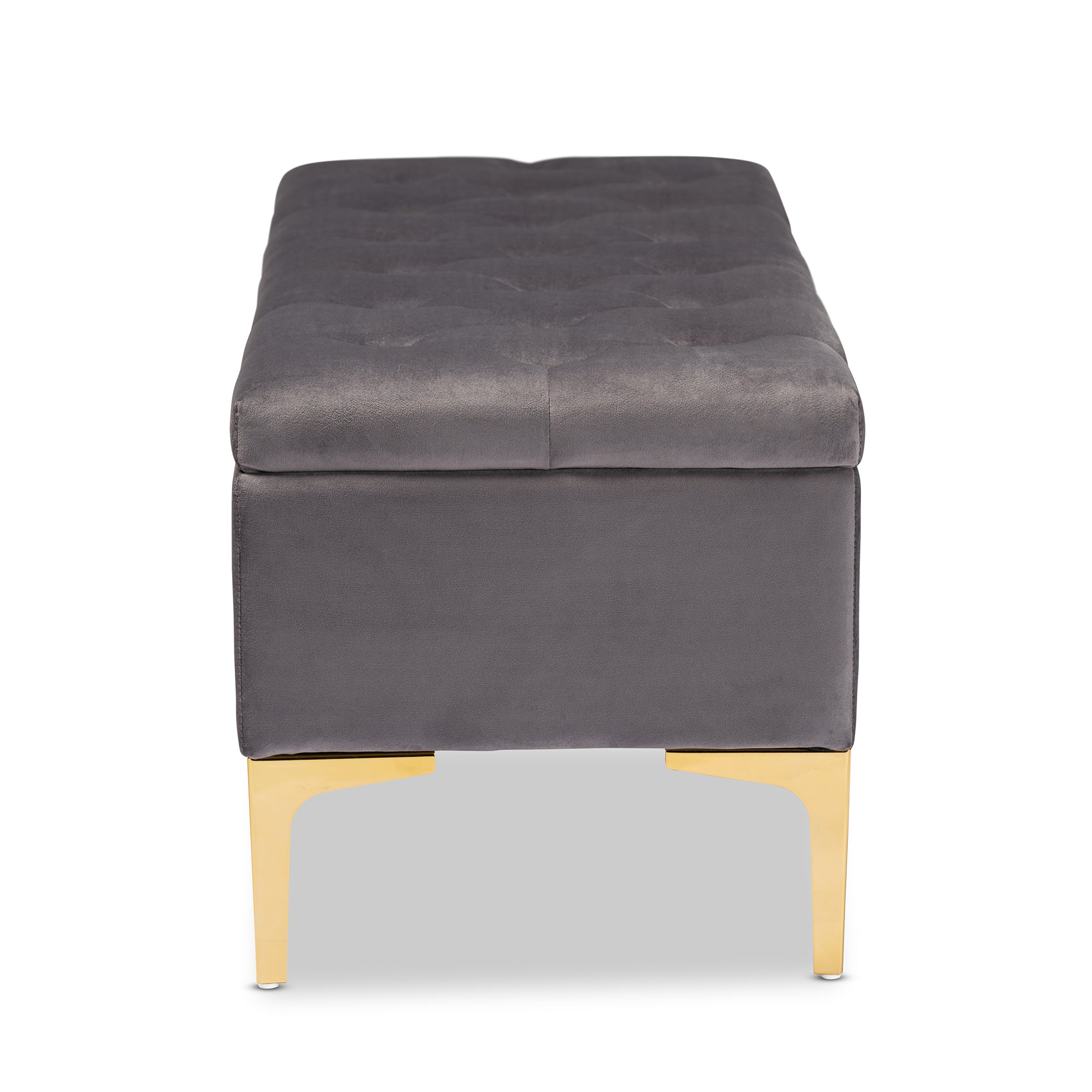 Baxton Studio Valere Glam and Luxe Grey Velvet Fabric Upholstered Gold Finished Button Tufted Storage Ottoman